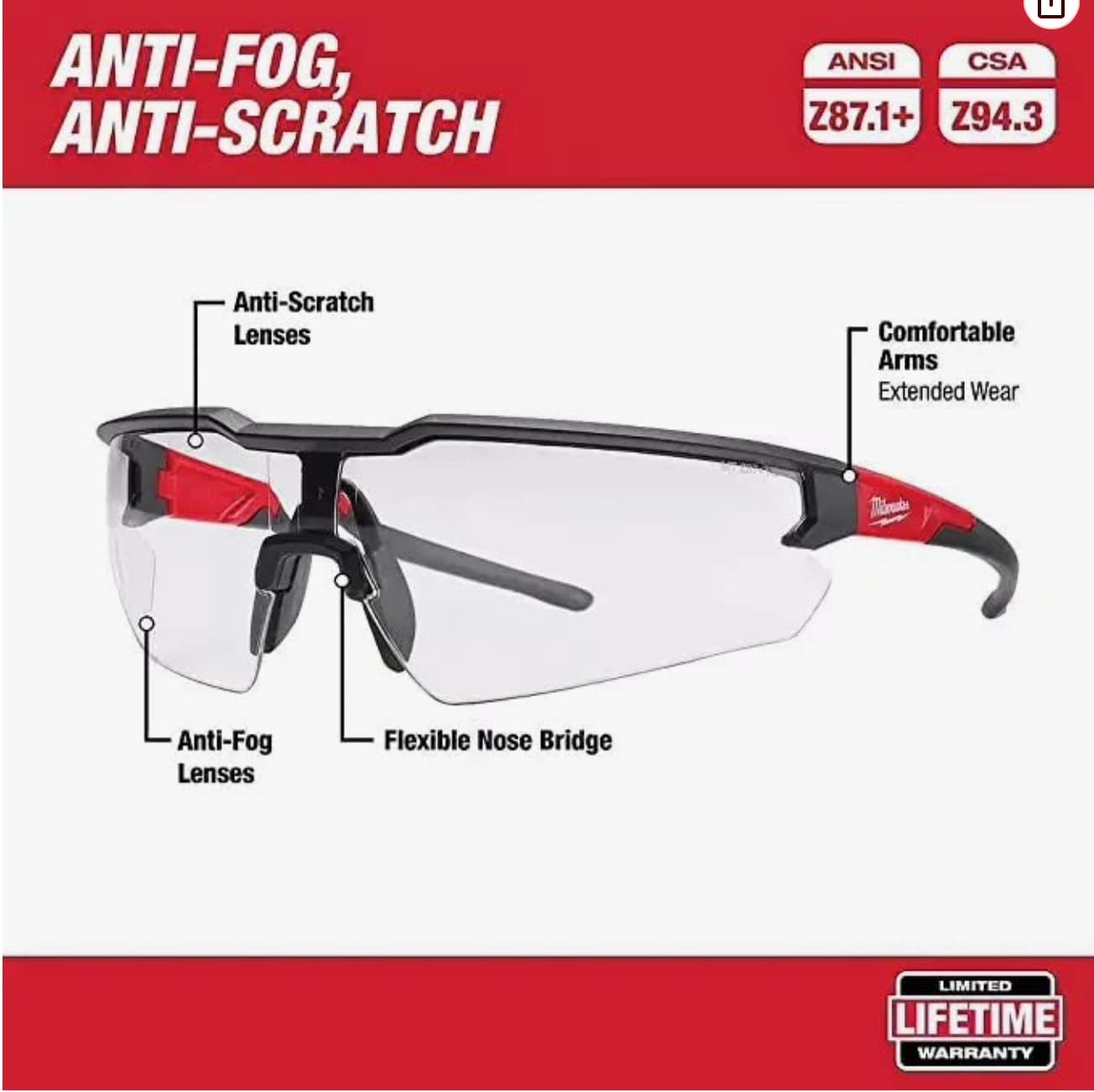 Milwaukee Anti-Fog Safety Glasses Clear Lens Black/Red Frame 2 pc. - Case of 2 - Customer Photo 1