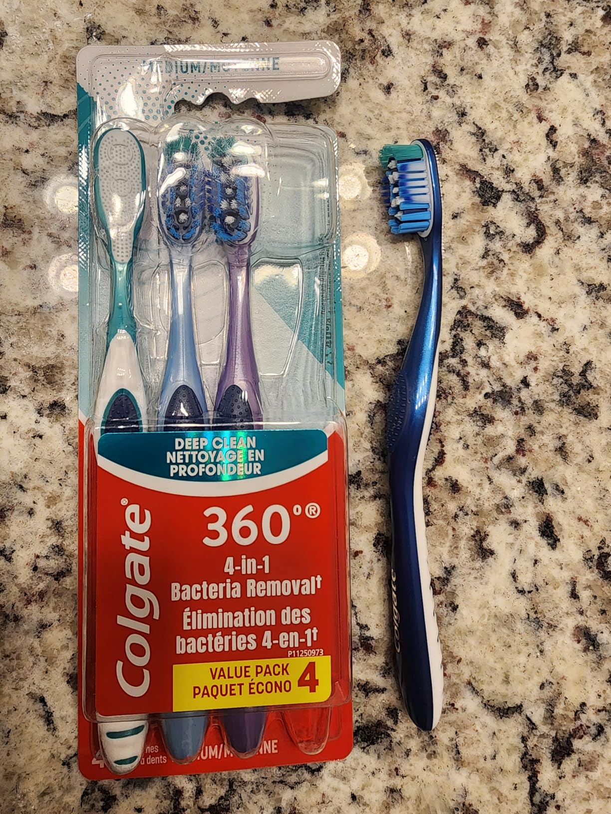 Colgate 360 Whole Mouth Toothbrush, Adult Toothbrushes Medium Bristles, Helps Remove Bad Breath Bacteria and Plaque, Medium Toothbrush Pack, Includes Cheek and Tongue Cleaner, 4 Pack - Customer Photo 2
