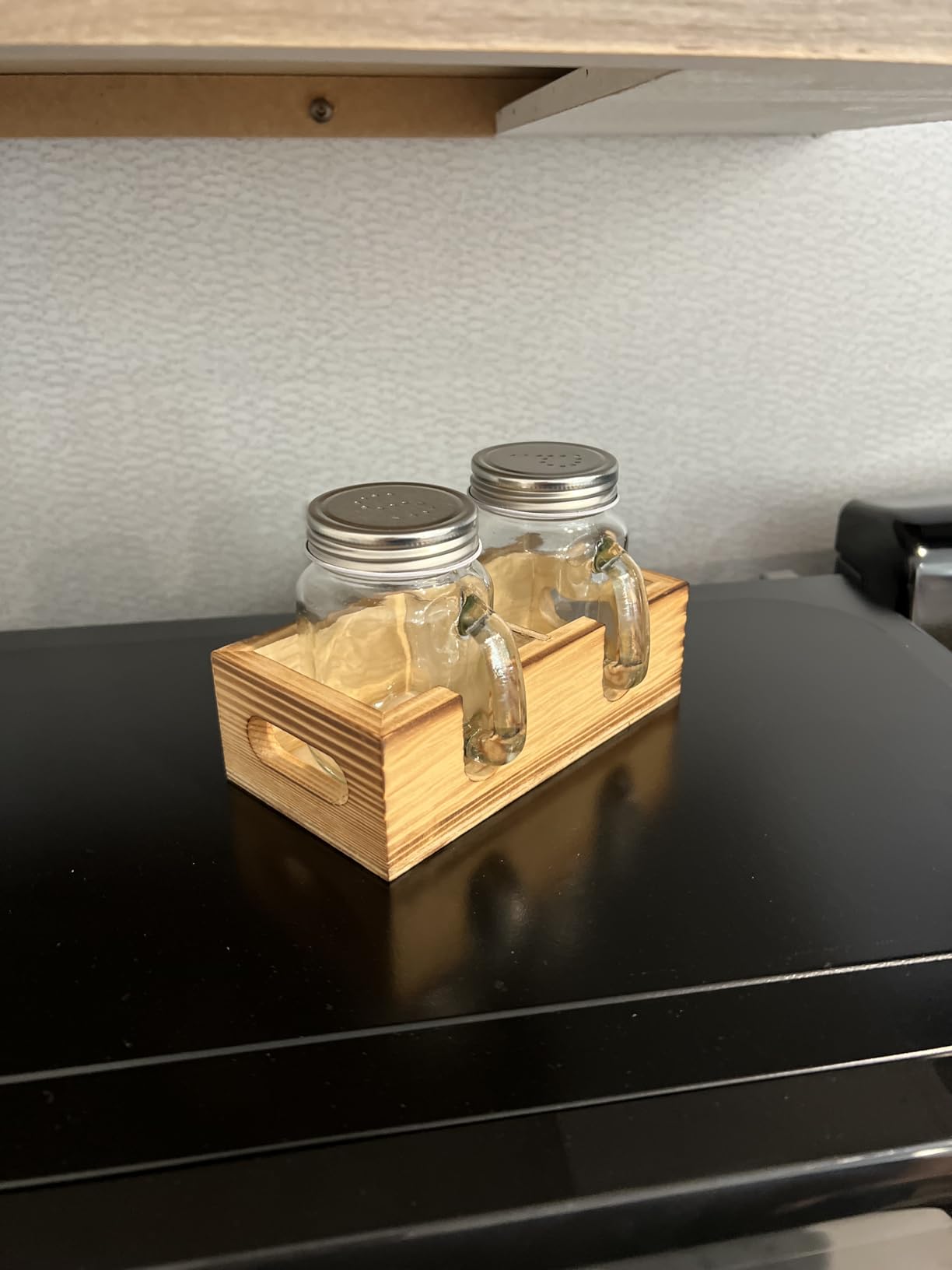 Mason Jar Salt and Pepper Shakers - Glass Shaker Set with Wood Holder Caddy, Easy to Clean & Refill for Farmhouse Kitchen Table, Home and Gifts - Customer Photo 1