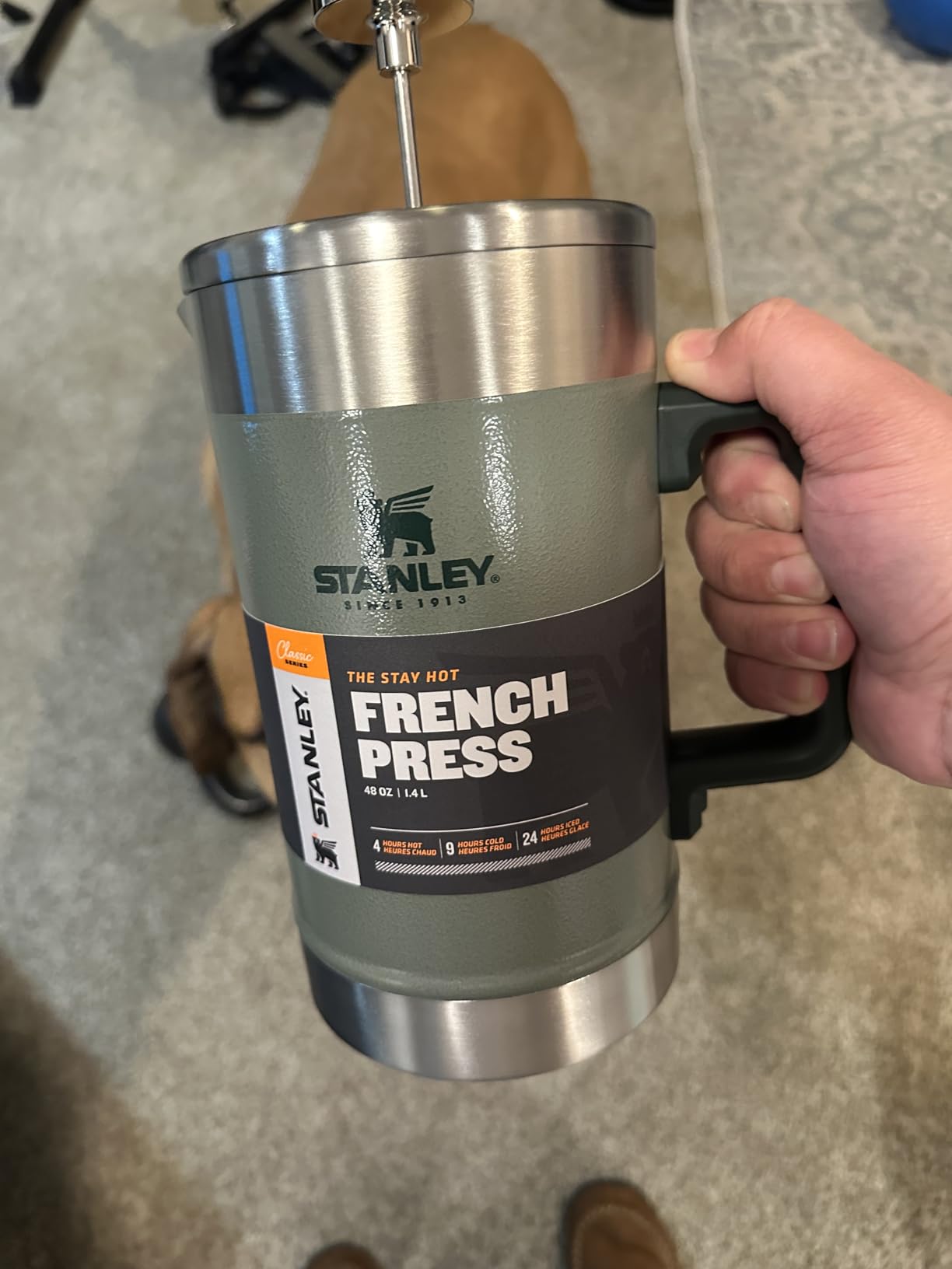 STANLEY Classic Stay-Hot French Press Coffee Maker 48 oz | 5 Minute Brew, 4 Hours Hot | Mesh Filter for Coffee Grounds | Insulated Stainless Steel French Press | BPA-Free | Hammertone Green Customer Review STANLEY Classic Stay-Hot French Press Coffee Maker 48 oz | 5 Minute Brew, 4 Hours Hot | Mesh Filter for Coffee Grounds | Insulated Stainless Steel French Press | BPA-Free | Hammertone Green - Customer Photo 1