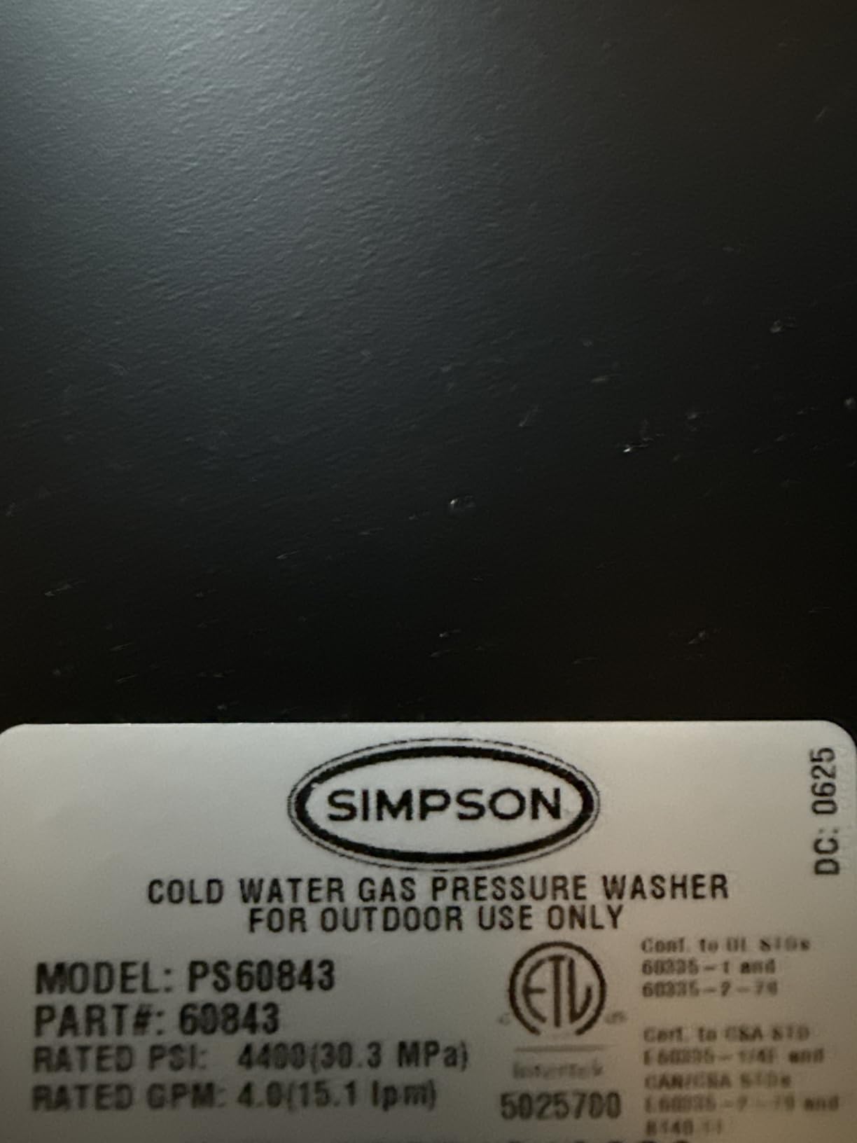 Simpson 61014 3500 PSI at 2.5 GPM Honda GX200 with AAA AX300 Axial Cam Pump Cold Water Professional Gas Pressure Washer PS61002-S - Customer Photo 1