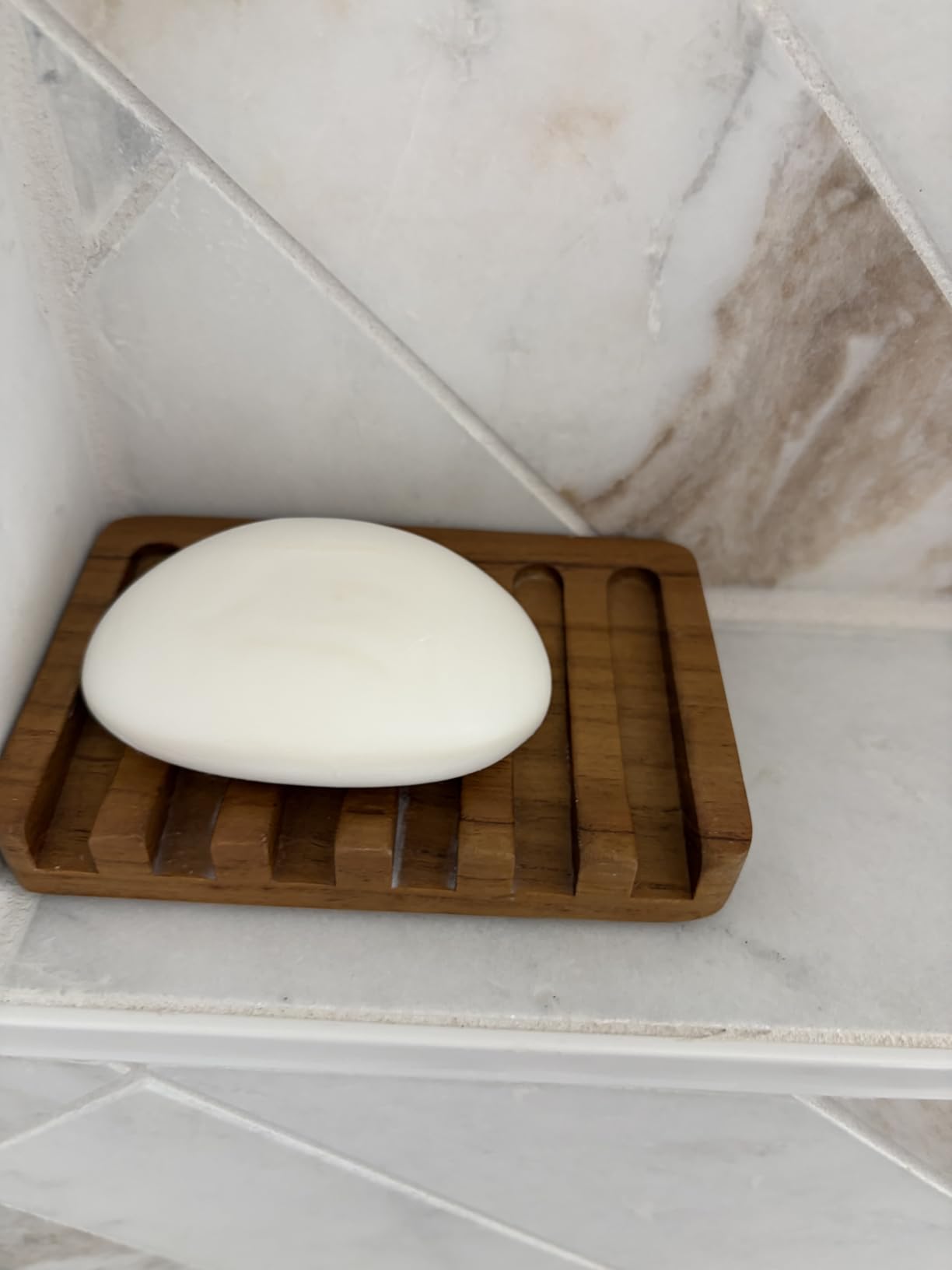 Soap Dish with Slanted Waterfall Design by HTB, Bar Soap Holder Teak Wood, Soap Saver for Shower, Bathroom, Sink, Kitchen and Countertop - Customer Photo 1