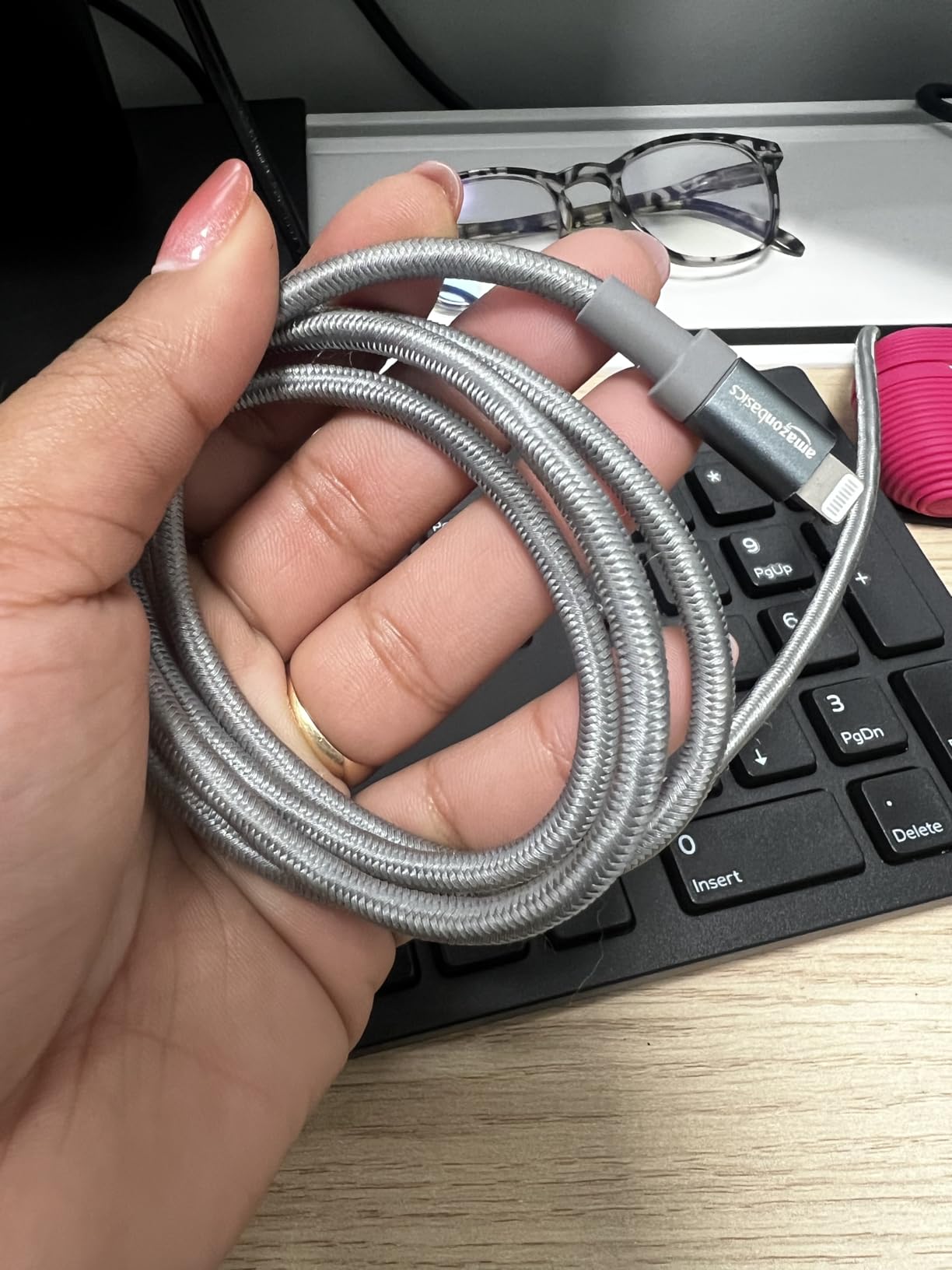 Amazon Basics Fast Charging USB-C to Lightning iPhone Charger Cable, Nylon Braided Cord, MFi Certified Compatible Charger for Apple iPhone 14 13 12 11 X Xs Pro, Pro Max, Plus, iPad, 6 feet, Dark Gray Customer Review Amazon Basics Fast Charging USB-C to Lightning iPhone Charger Cable, Nylon Braided Cord, MFi Certified Compatible Charger for Apple iPhone 14 13 12 11 X Xs Pro, Pro Max, Plus, iPad, 6 feet, Dark Gray - Customer Photo 1