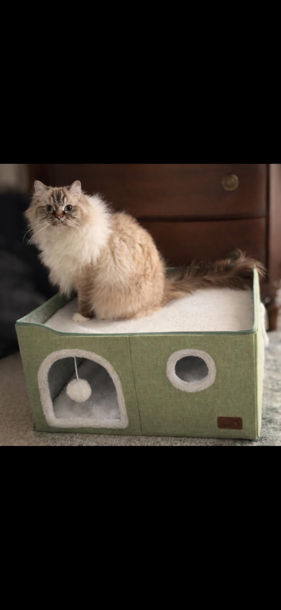 Bedsure Cat Beds for Indoor Cats - Large Cat Cave for Pet Cat House with Fluffy Ball Hanging and Scratch Pad, Foldable Cat Hideaway, 16.5x16.5x13 inches, Grey - Customer Photo 1