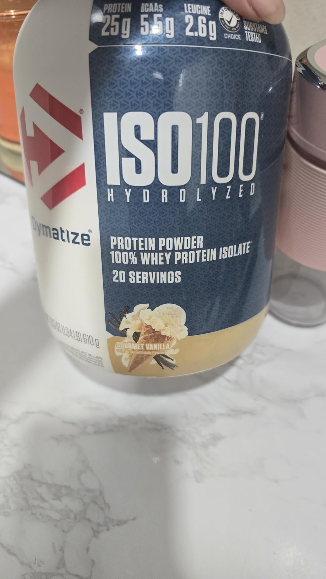 Dymatize ISO100 Whey Protein Powder Isolate, Gourmet Vanilla, 25g of Protein, 5.5g BCAAs, Less Than 120 Cal., Gluten Free, 1g Fat, 1g Sugar, 2g Carb (20 Servings) customer photo 2