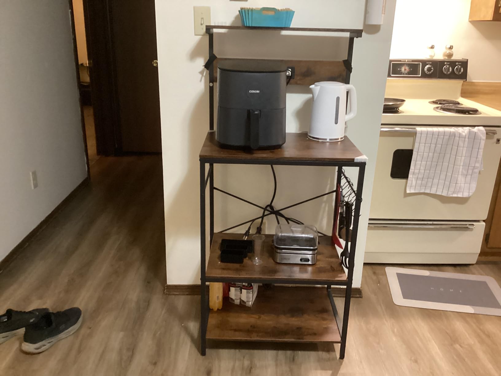 SUPERJARE Kitchen Bakers Rack with Power Outlet, Coffee Bar Table 4 Tiers, Kitchen Microwave Stand with 6 S-shaped Hooks, Storage Shelf Rack for Spices, Pots and Pans - Rustic Brown - Customer Photo 2