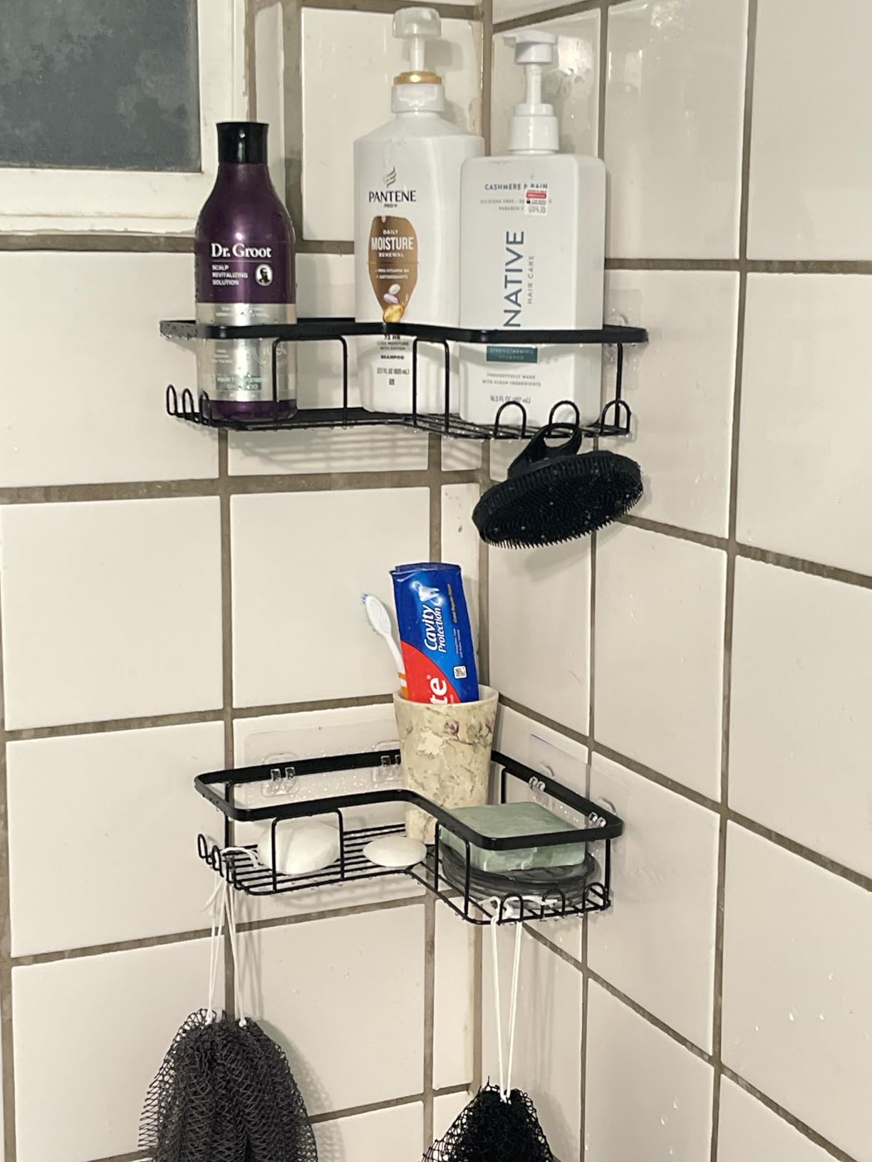 YASONIC Corner Adhesive Shower Caddy, with Soap Holder and 12 Hooks, Rustproof Stainless Steel Bathroom Organizer, No Drilling Wall Mounted Rack, Black, 3-Pack - Customer Photo 2