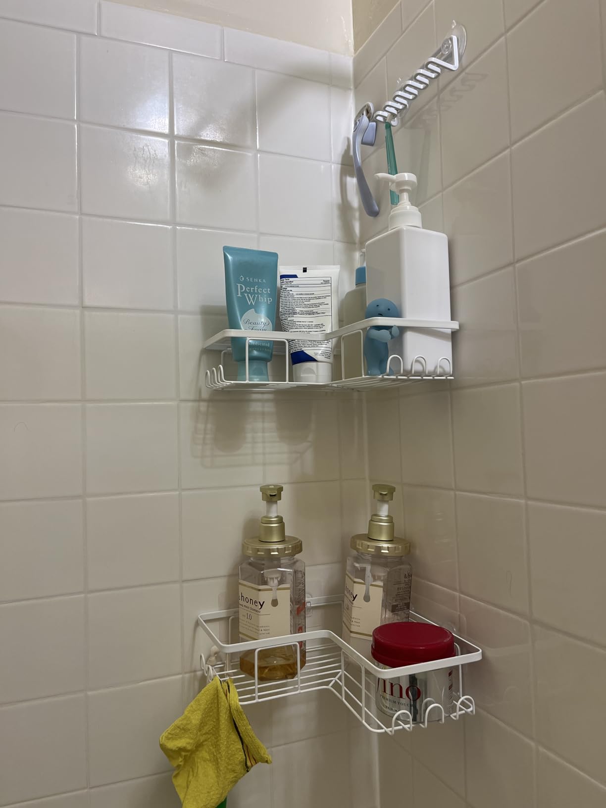 YASONIC Corner Adhesive Shower Caddy, with Soap Holder and 12 Hooks, Rustproof Stainless Steel Bathroom Organizer, No Drilling Wall Mounted Rack, Black, 3-Pack - Customer Photo 4