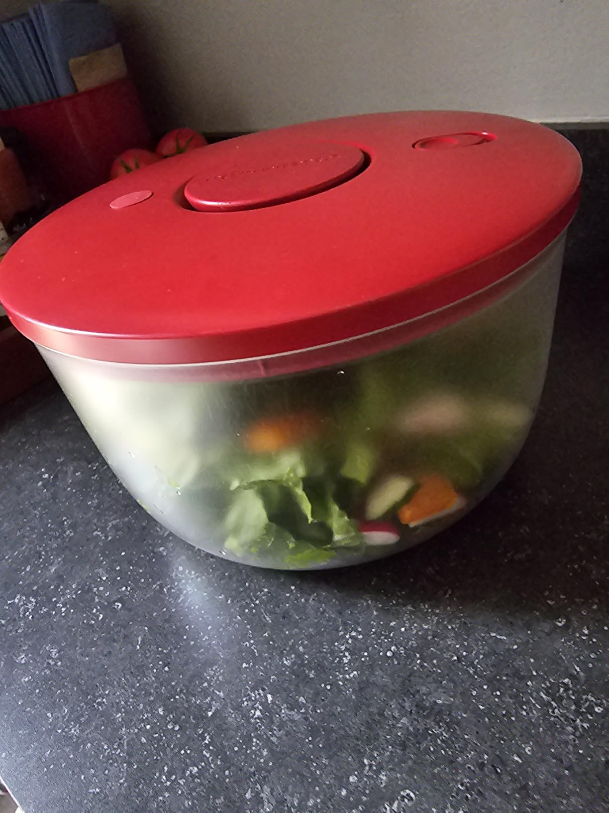 KitchenAid Universal Salad Spinner with Removable Bowl, Colander and One Handed Pump Mechanism, Large Bowl Nests and Features Non Slip Base, 7.43 Quart, Empire Red Customer Review KitchenAid Universal Salad Spinner with Removable Bowl, Colander and One Handed Pump Mechanism, Large Bowl Nests and Features Non Slip Base, 7.43 Quart, Empire Red - Customer Photo 1