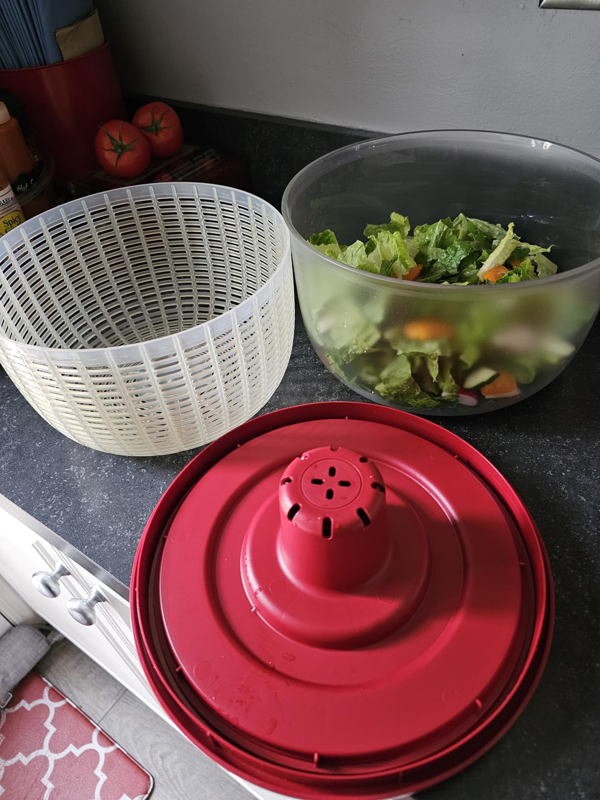 KitchenAid Universal Salad Spinner with Removable Bowl, Colander and One Handed Pump Mechanism, Large Bowl Nests and Features Non Slip Base, 7.43 Quart, Empire Red Customer Review KitchenAid Universal Salad Spinner with Removable Bowl, Colander and One Handed Pump Mechanism, Large Bowl Nests and Features Non Slip Base, 7.43 Quart, Empire Red - Customer Photo 2