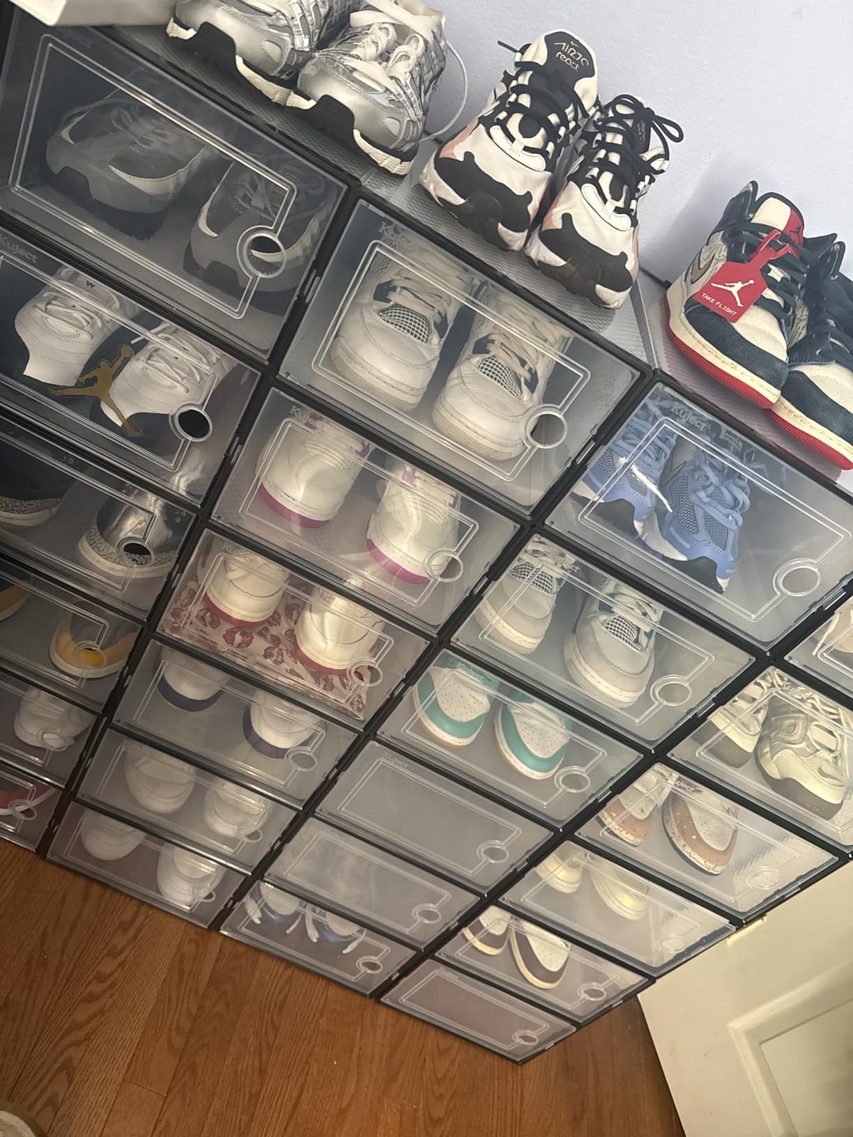 Kuject X-Large Shoe Storage Boxes Organizers Clear Plastic Stackable 12 Pack, Shoe Rack & Holder Substitute, Sneaker Containers, Toy Storage Organizer Bins for Entryway, Closet, Under Bed, Black Customer Review Kuject X-Large Shoe Storage Boxes Organizers Clear Plastic Stackable 12 Pack, Shoe Rack & Holder Substitute, Sneaker Containers, Toy Storage Organizer Bins for Entryway, Closet, Under Bed, Black - Customer Photo 3