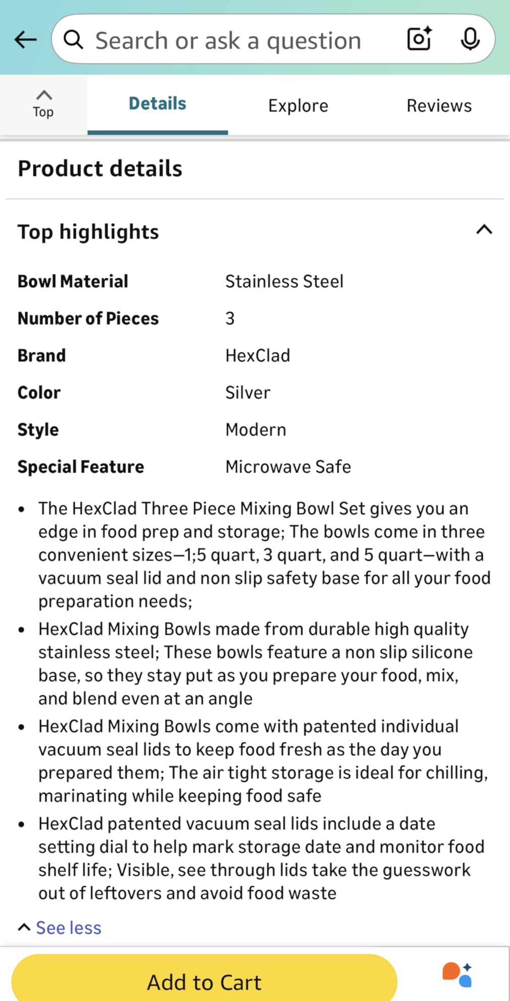 HexClad Stainless Steel Mixing Bowl Set, 3-Piece with Vacuum Seal Lids and Non-Slip Base, 1.3,3 and 5 Quarts - Customer Photo 1