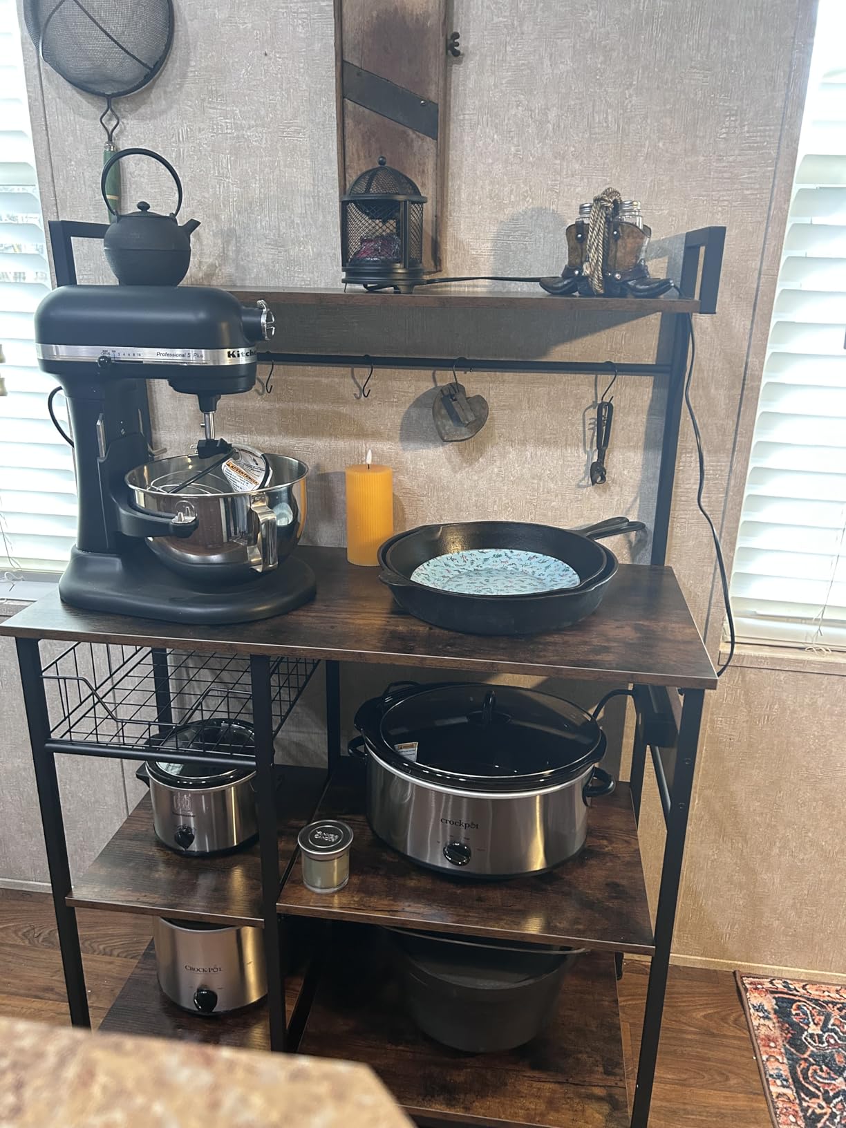 HOOBRO Bakers Rack with Power Outlet, 35.4 Inches Coffee Bar with Mesh Basket, Microwave Stand with 4 S-Shaped Hooks, Kitchen Bakers Rack with Storage, Easy to Assemble, Rustic Brown BF05HB01 - Customer Photo 1