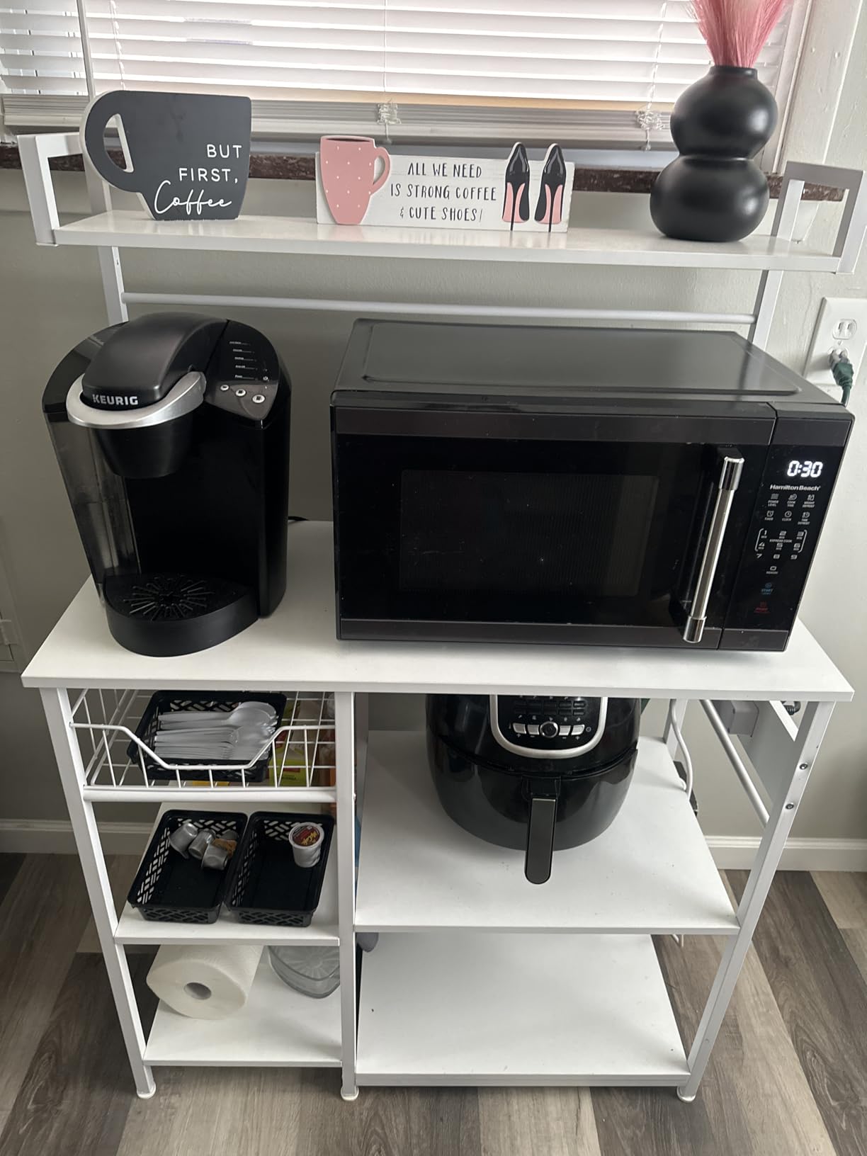 HOOBRO Bakers Rack with Power Outlet, 35.4 Inches Coffee Bar with Mesh Basket, Microwave Stand with 4 S-Shaped Hooks, Kitchen Bakers Rack with Storage, Easy to Assemble, Rustic Brown BF05HB01 - Customer Photo 2