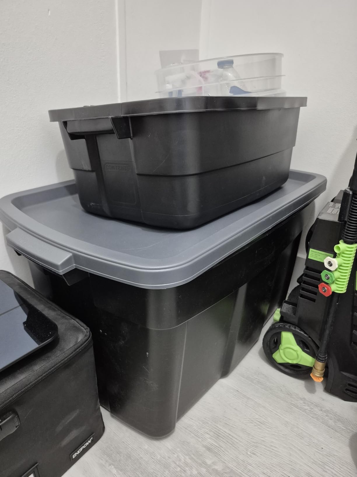 Rubbermaid 18 GAL 6 Pack Garage Storage Bins with Stackable Lid, Heavy Duty - Made in USA - Extreme Temperature Resistant, Durable Plastic Containers with Handles - Solid Black and Grey - Customer Photo 1