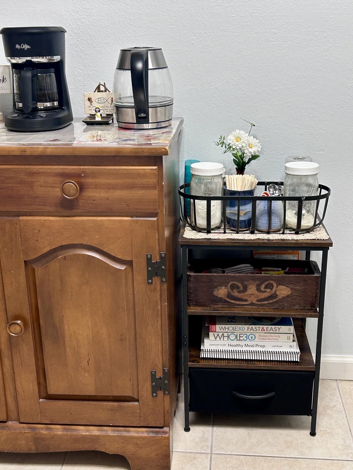 SUPERJARE Nightstand with Charging Station, Bed Side Table with Adjustable Fabric Drawer, Night Stand for Bedroom, 3-Tier Storage End Table, for Living Room, Rustic Brown and Black customer photo 1
