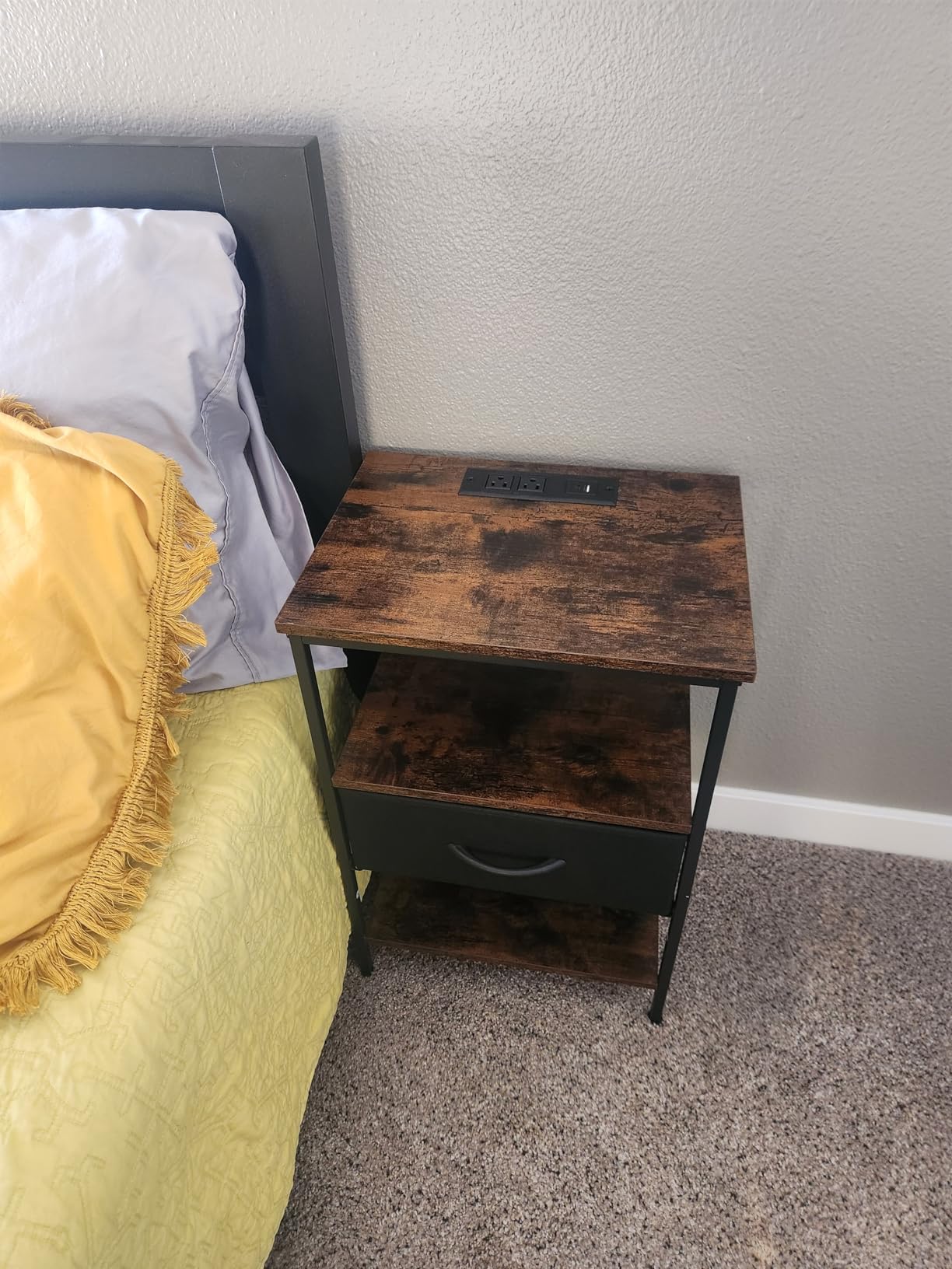 SUPERJARE Nightstand with Charging Station, Bed Side Table with Adjustable Fabric Drawer, Night Stand for Bedroom, 3-Tier Storage End Table, for Living Room, Rustic Brown and Black customer photo 2