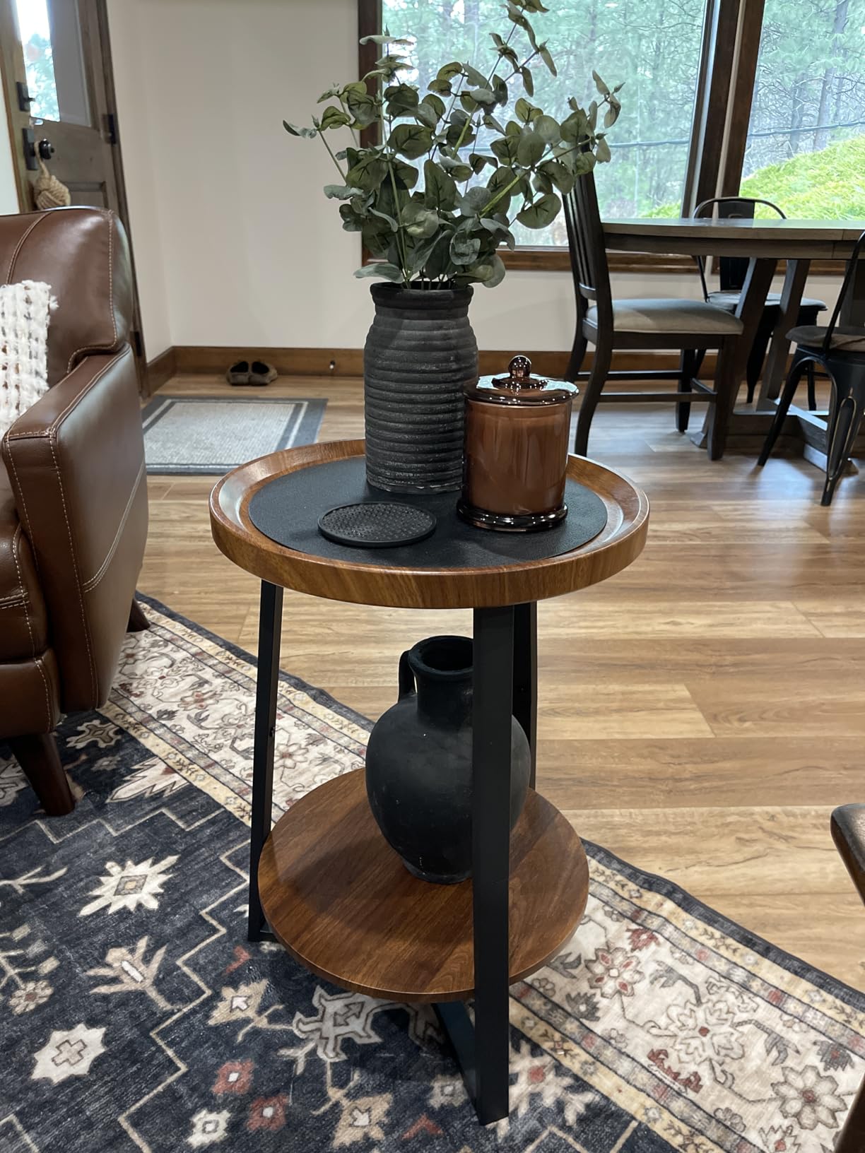 Gadroad Round End Table with Storage Shelf, 2 Tier Farmhouse Side Table Nightstand for Living Room, Bedroom, Wood Tabletop & Black Metal Frame, Brown 15.7 * 15.7 * 23.0inches Customer Review Gadroad Round End Table with Storage Shelf, 2 Tier Farmhouse Side Table Nightstand for Living Room, Bedroom, Wood Tabletop & Black Metal Frame, Brown 15.7 * 15.7 * 23.0inches - Customer Photo 1