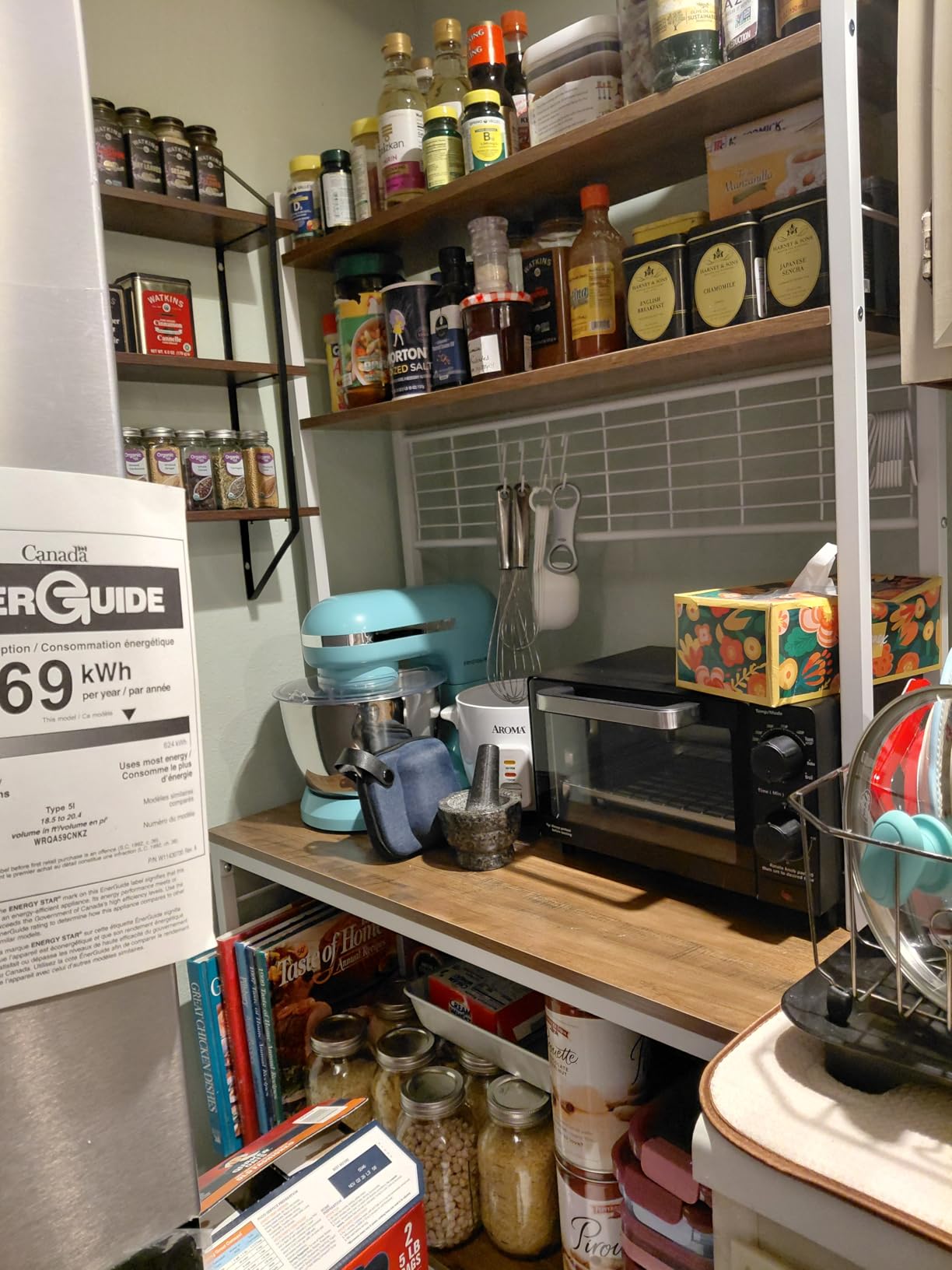 VASAGLE Bakers Rack with Power Outlet, Microwave Stand, Kitchen Tall Utility Storage Shelf, with Metal Wire Panel, 14 Hooks, 15.7 x 23.6 x 66.9 Inches, Rustic Brown and Ink Black UKKS037B01 - Customer Photo 1