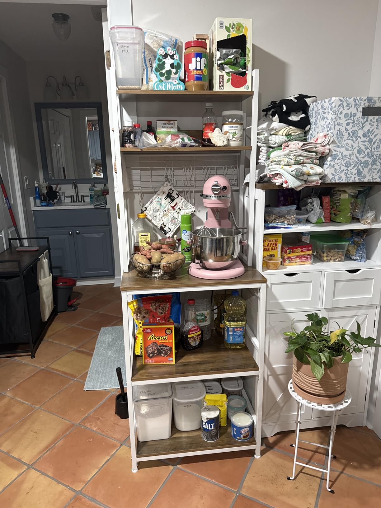 VASAGLE Bakers Rack with Power Outlet, Microwave Stand, Kitchen Tall Utility Storage Shelf, with Metal Wire Panel, 14 Hooks, 15.7 x 23.6 x 66.9 Inches, Rustic Brown and Ink Black UKKS037B01 - Customer Photo 2