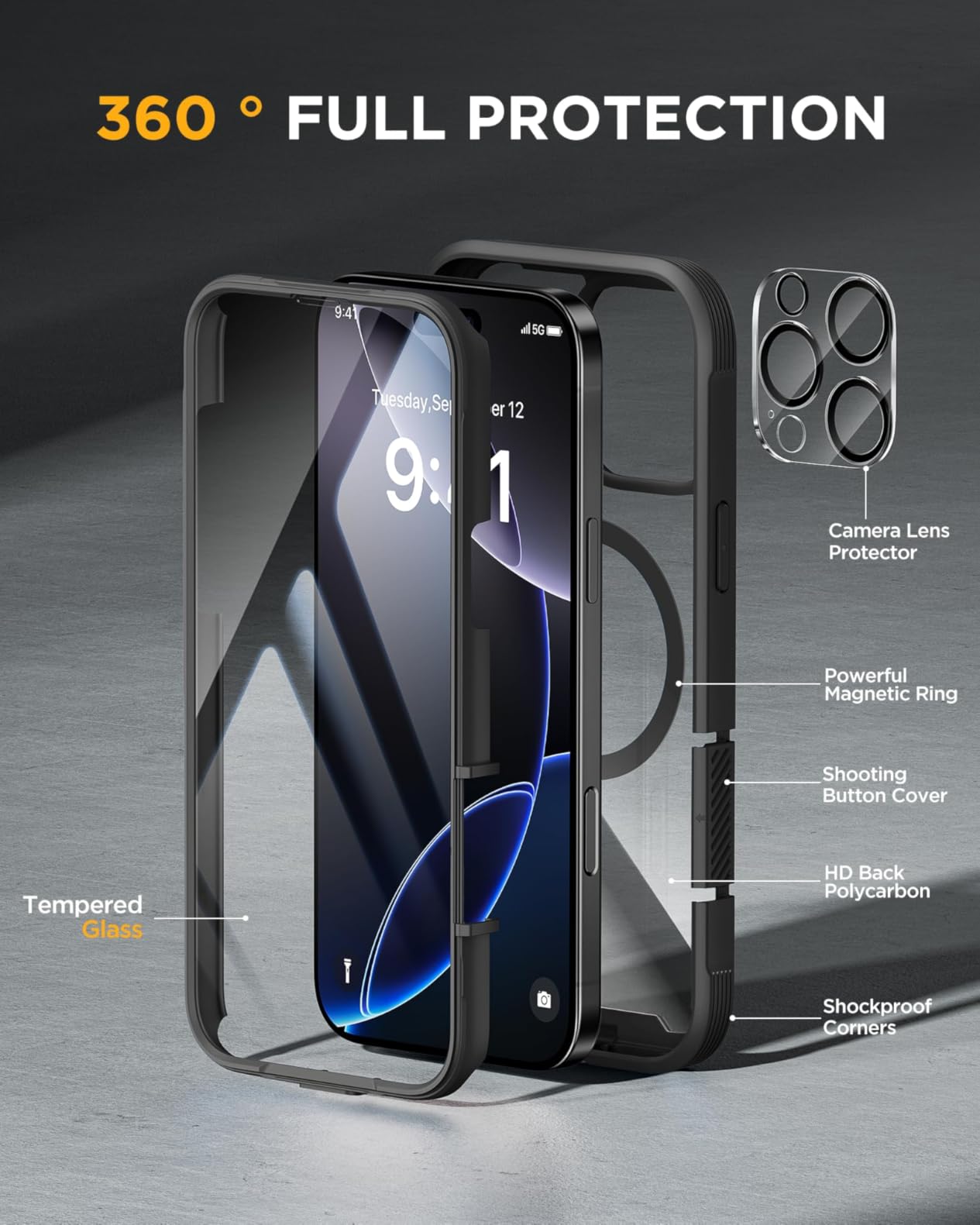Miracase Glass Series for iPhone 15 Case [Compatible with MagSafe] Full-Body Magnetic Bumper Case with Built-in 9H Tempered Glass Anti-Fingerprint Screen Protector + Camera Lens Protector, Black - Customer Photo 4