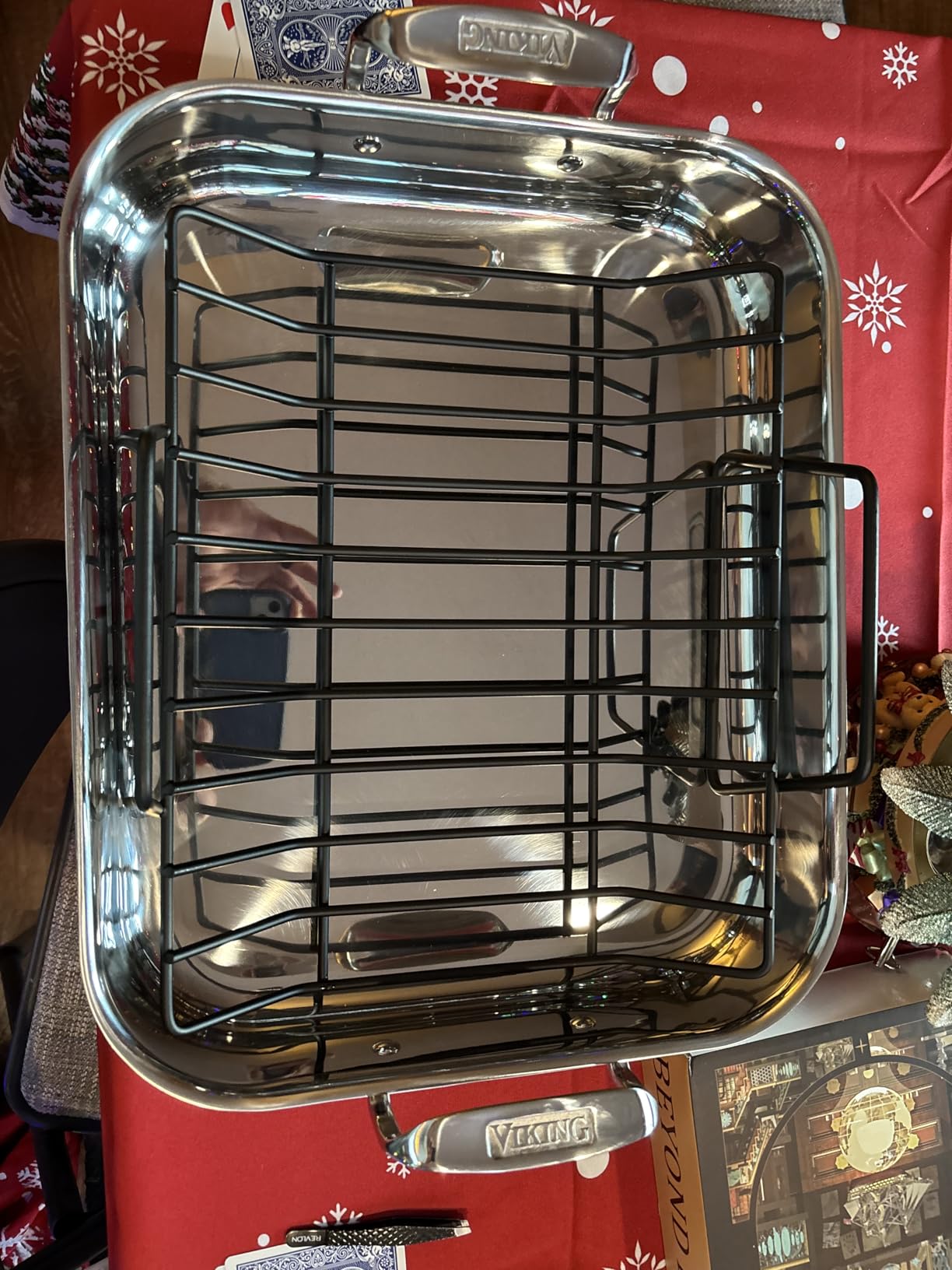 Viking 3-Ply Stainless Steel Roasting Pan with Non Stick Rack, 16 x 13 Inch Kitchen Cookware, Great for Turkey, Includes Probe Thermometer, Dishwasher and Oven Safe, Induction Ready, Silver - Customer Photo 1