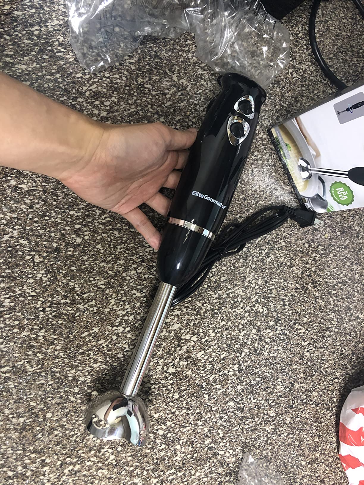 Elite Gourmet EHB1300 Cordless, Rechargeable Hand Blender, Variable Speed Blending with One-Touch Power Button, Stainless Steel Blades, Portable, Easy Control Stick Mixer, Baby Food, Charcoal Grey - Customer Photo 2