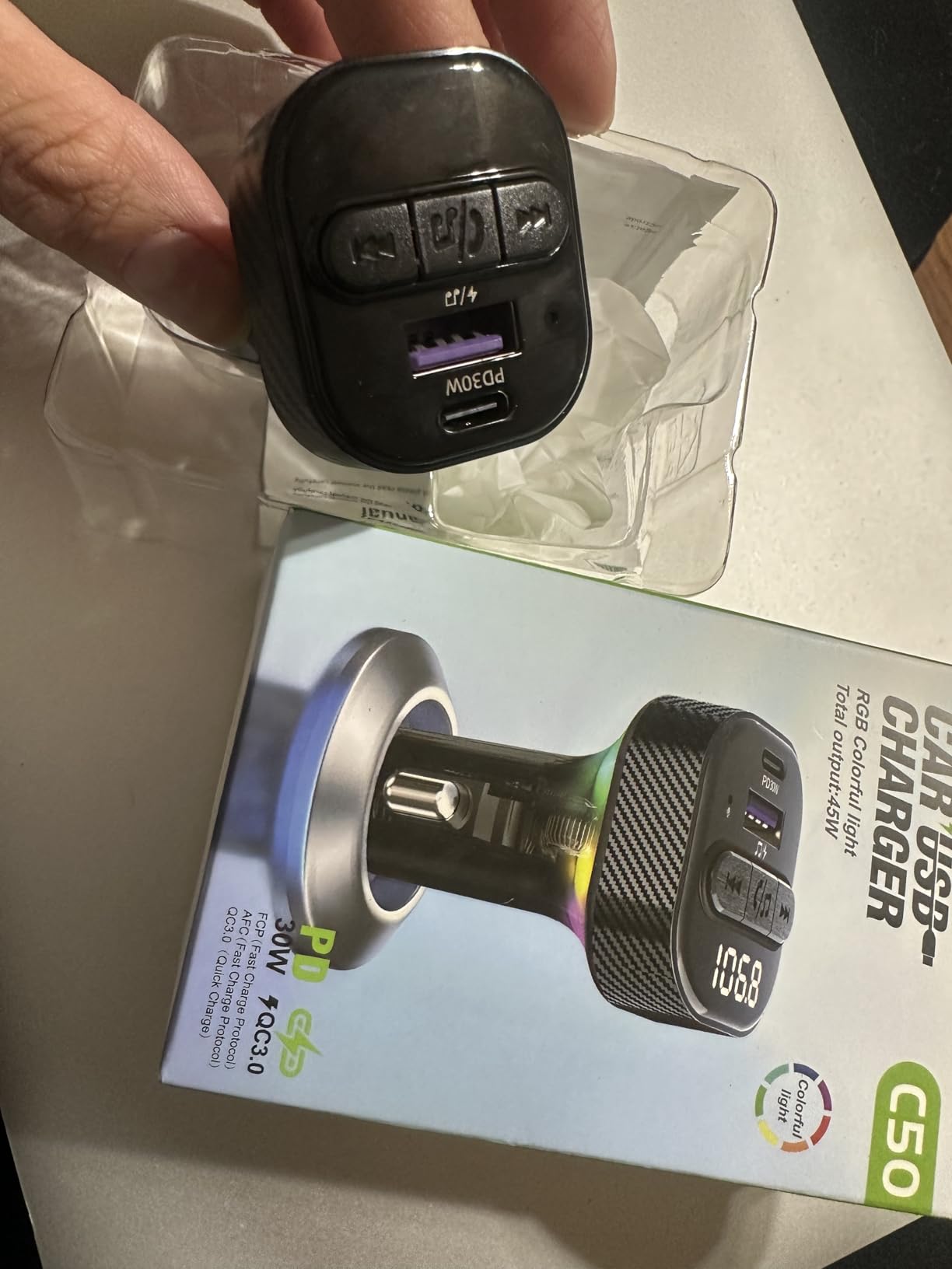 Bluetooth 5.3 FM Transmitter for Car, Bluetooth Car Adapter with Type-C PD(30W) Charger and QC3.0 USB Port, Wireless FM Radio Transmitter, Support MP3 Player, Handsfree Calling, LED Backlit,U Disk - Customer Photo 1