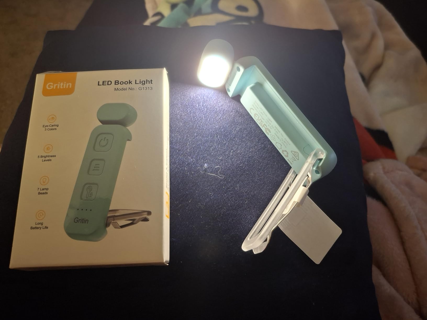 Gritin Reading Light, Rechargeable Book Light for Reading in Bed - Eye Caring 3 Color Temperatures, 5-Level Dimmable Brightness, Long Lasting, Compact Size Clip on Book Lamp for Bookworms-Blue - Customer Photo 2