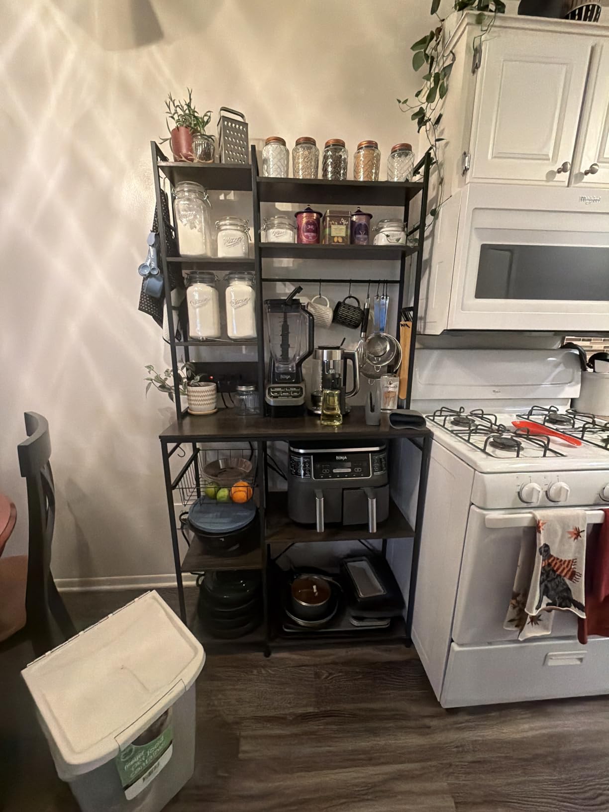 Baker Rack with Power Outlet - Microwave Stand with Storage, Large Coffee Bar Station with 14 Hooks, Metal Kitchen Shelf Rack for Spices, Pots (Rustic Brown) - Customer Photo 1