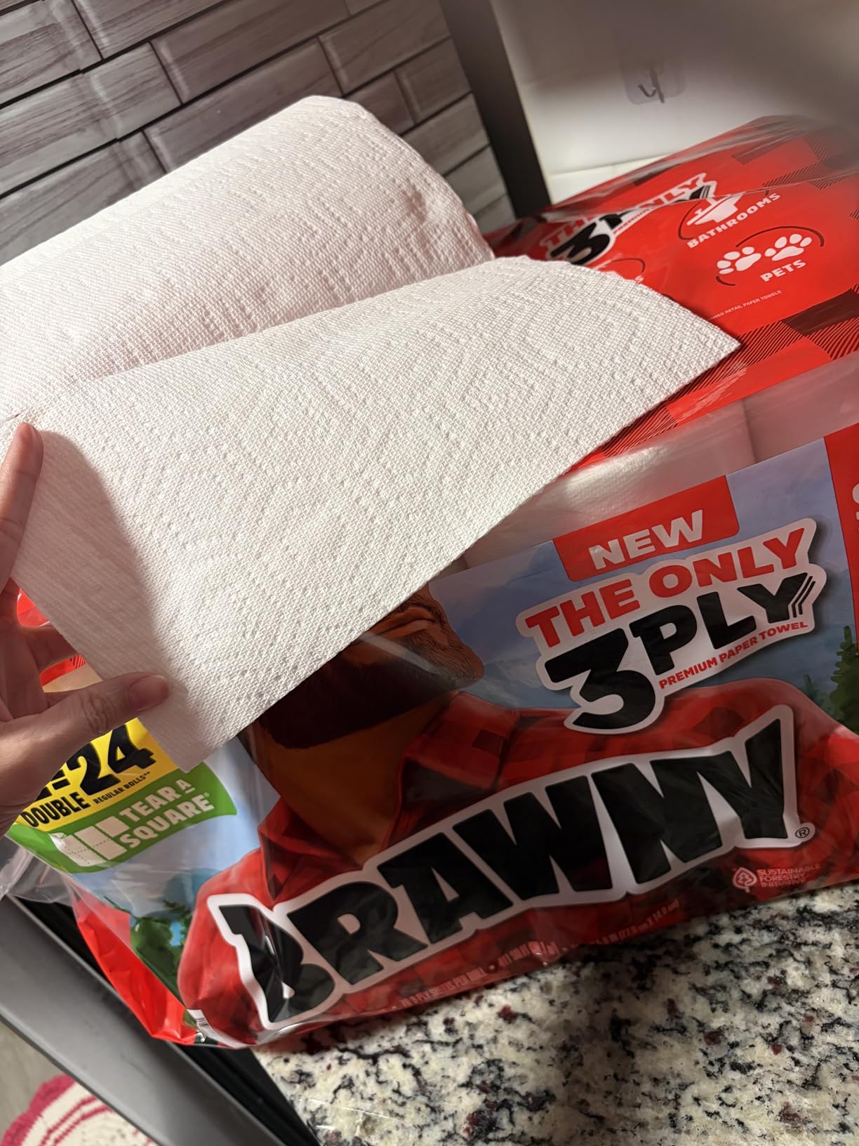 Brawny Tear-A-Square 3-Ply Paper Towels, 6 Double Rolls = 12 Regular Rolls, Strong, Absorbent, and Durable with 3 Sheet Sizes (Quarter, Half, Full) - Customer Photo 2
