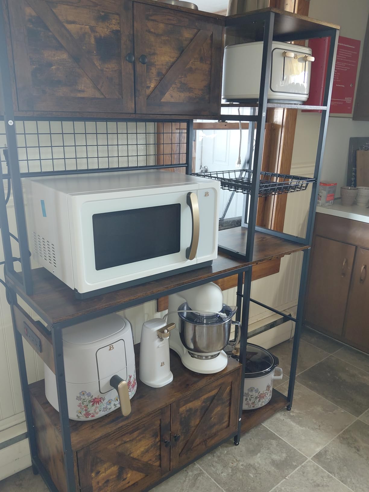 IRONCK Bakers Rack with 2 Storage Cabinets and Power Outlet, 45.3 Inch Industrial Coffee Bar Cabinet Shelves, Kitchen Microwave Stand with Storage, Vintage Brown - Customer Photo 2