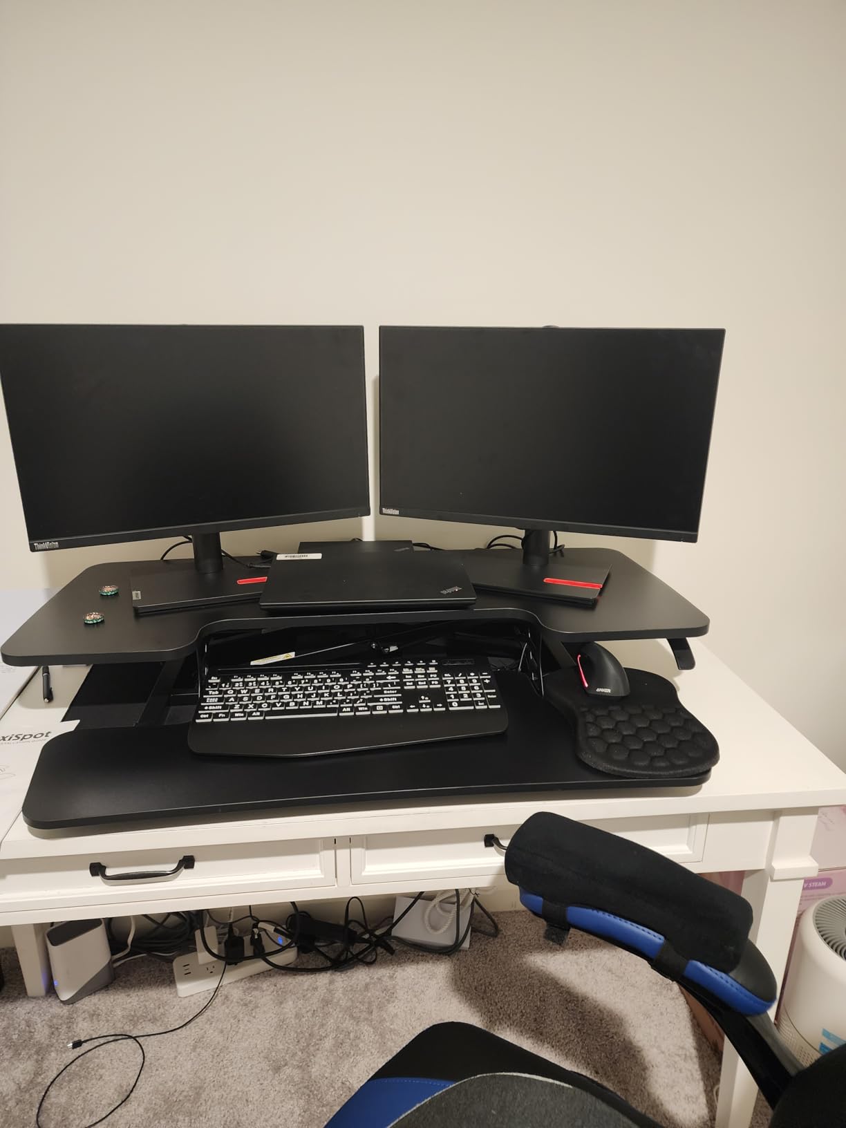 FLEXISPOT 36-inch Standing Desk Converter Height Adjustable Sit to Stand Up Workstation, Dual Monitor and Laptop Riser with Wide Keyboard Tray, Black - Customer Photo 3