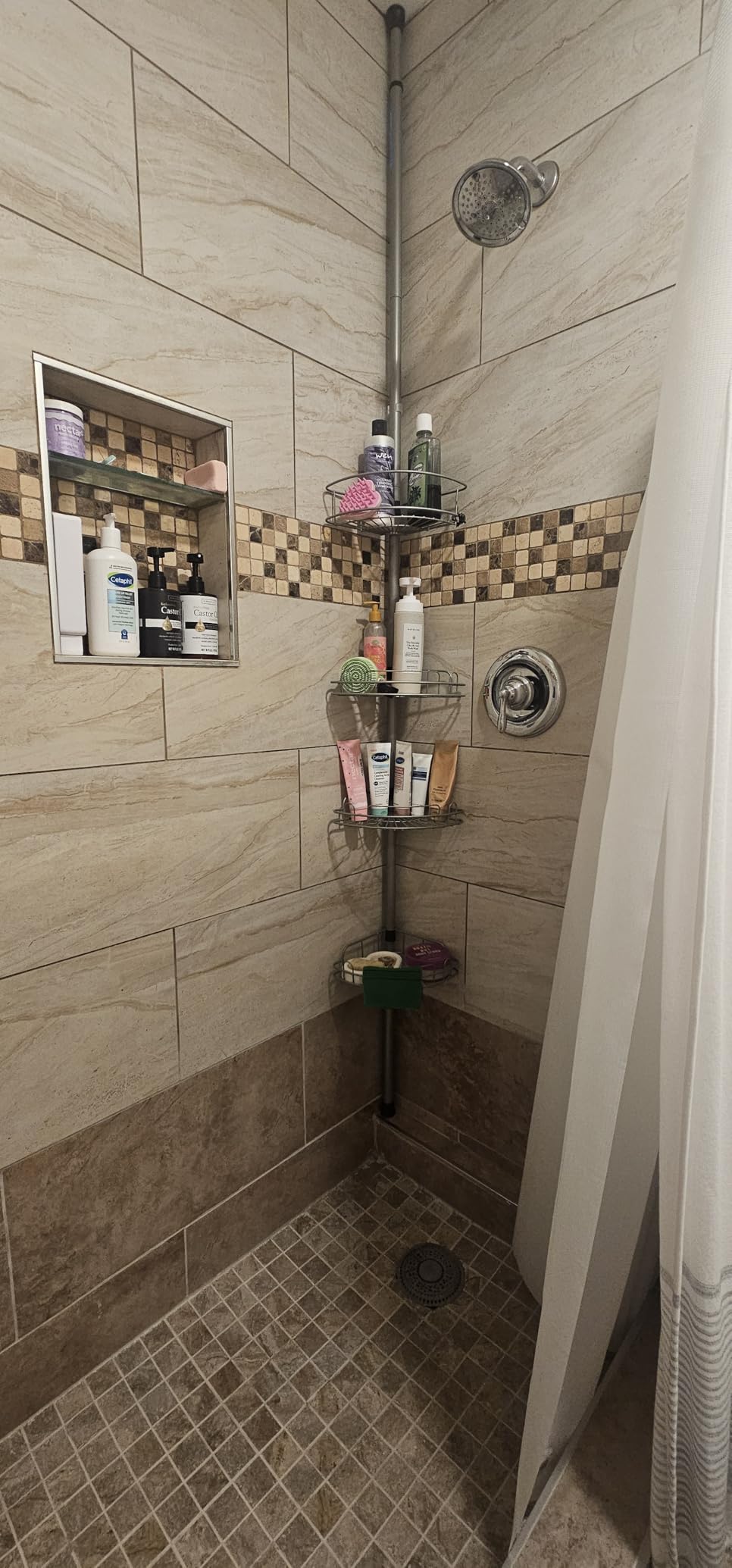 HAMITOR Corner Shower Caddy Tension Pole: 4-Tier Rust-Resistant Adjustable Bathroom Organizer Shelves - 47-121 Inch No-Drill Quick Installation - Space-Saving Storage for Renters Family - Silver Gray - Customer Photo 1