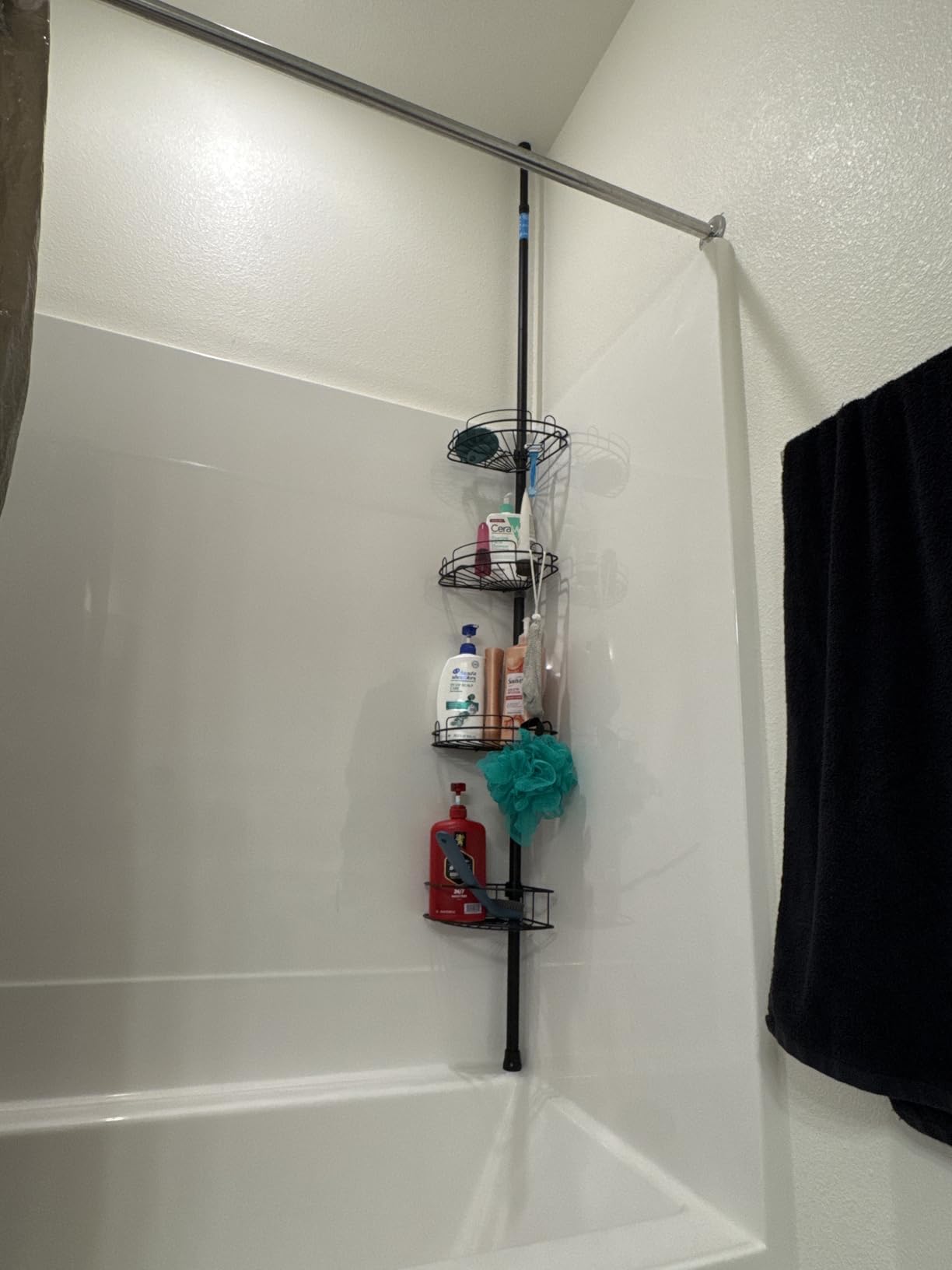 HAMITOR Corner Shower Caddy Tension Pole: 4-Tier Rust-Resistant Adjustable Bathroom Organizer Shelves - 47-121 Inch No-Drill Quick Installation - Space-Saving Storage for Renters Family - Silver Gray - Customer Photo 4