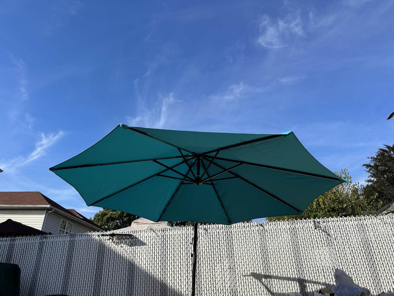 Tangkula 10ft Solar LED Patio Umbrella with Base, Offset Cantilever Outdoor Umbrella with 32 LED Lights, Infinite Tilt, 360 Degree Rotation - Customer Photo 2