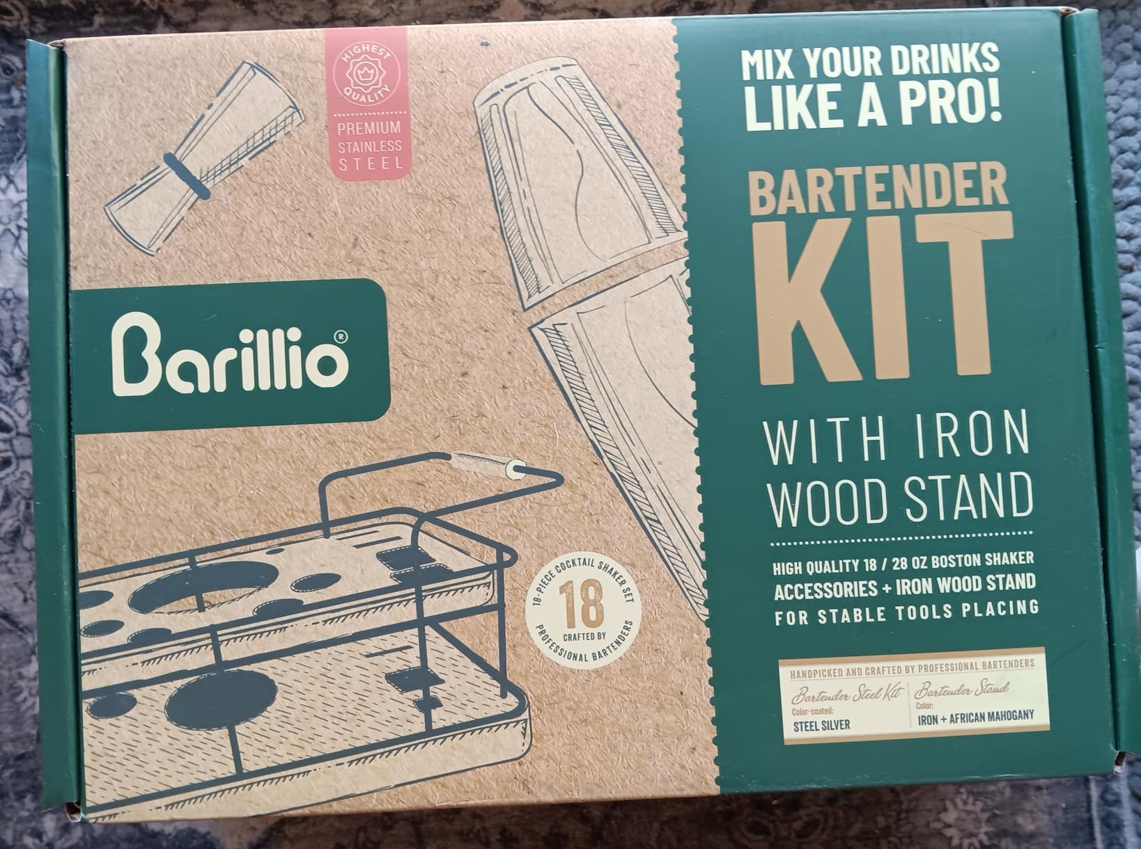 Barillio Bartender Kit – 23-Piece Stainless-Steel Cocktail Shaker Set with Premium African Mahogany Stand | Martini Barware Mixing Tools for Home Bartending | Gift Set - Customer Photo 1