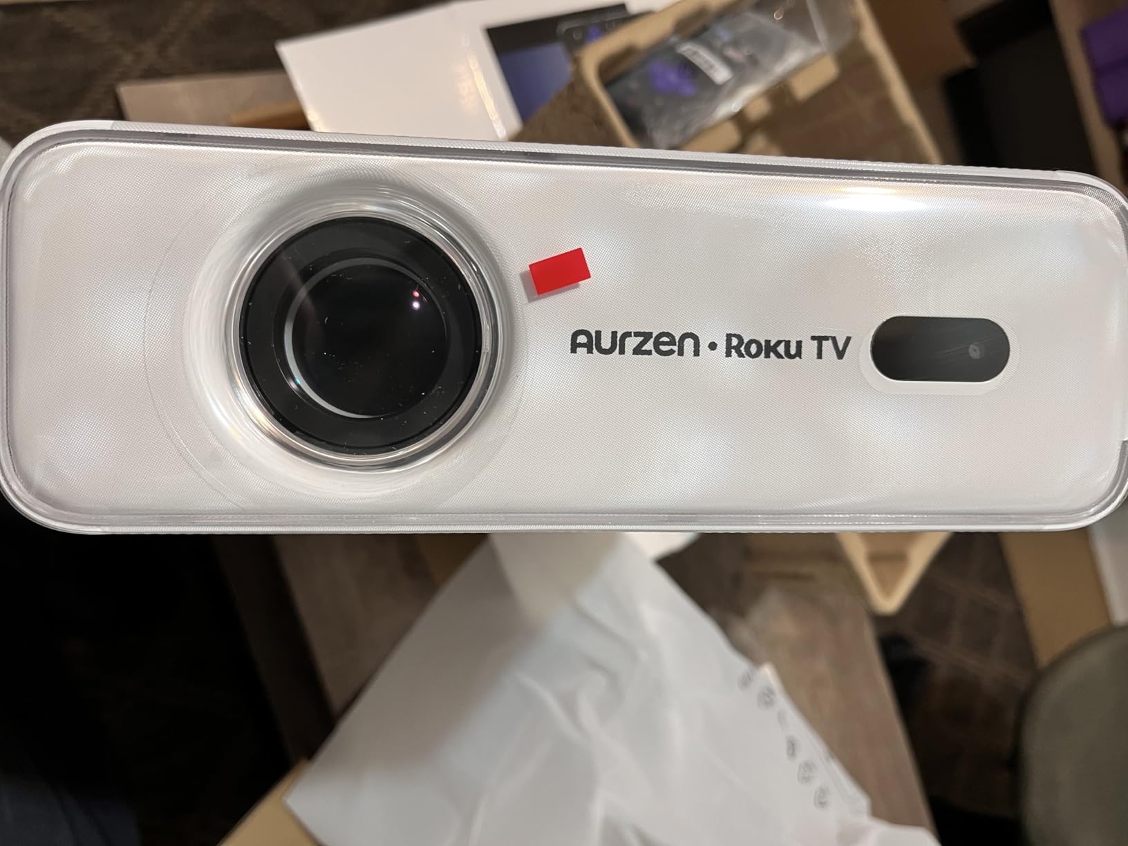 Aurzen Roku TV Smart Projector with Wifi and Bluetooth, Roku TV Built-in, 1080P FHD, Dolby Audio, Auto Focus & Keystone, Zoom, Movie Portable Outdoor Mini Projector for Soccer Football Game, White customer photo 2
