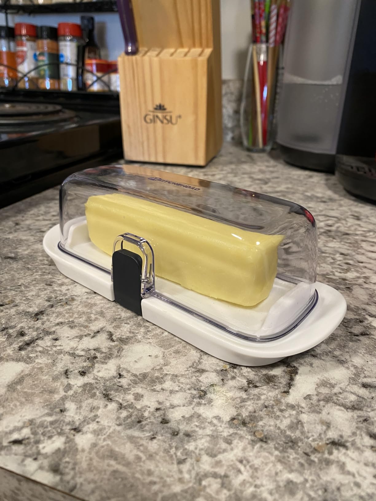 KITCHENDAO One-handed Airtight Butter Dish with Lid for Countertop and Refrigerator Door Shelf, Butter Holder with One Press to Open/Close Secure Latching Buckle for West/East Coast Butter (White) - Customer Photo 3