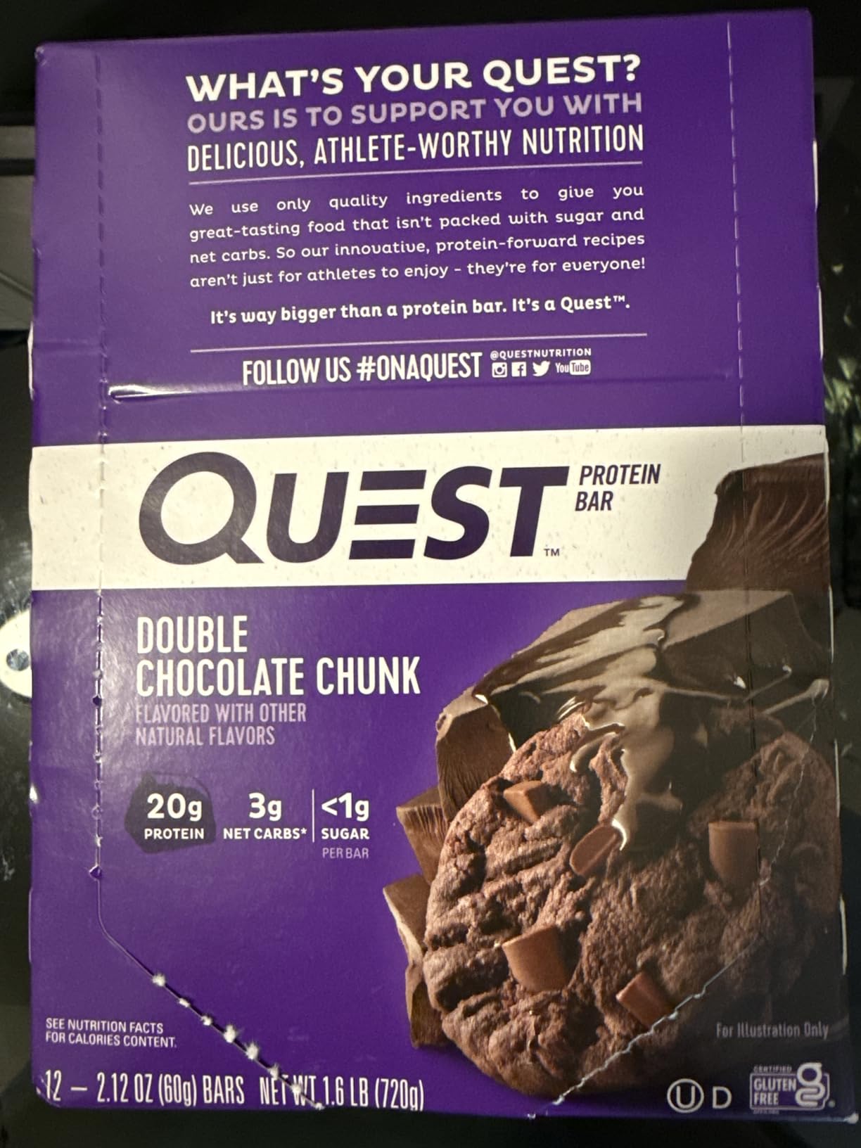 Quest Nutrition Double Chocolate Chunk Protein Bars, 20g Protein, 1g Sugar, 4g Net Carb, Keto Friendly, 12 Count customer photo 2