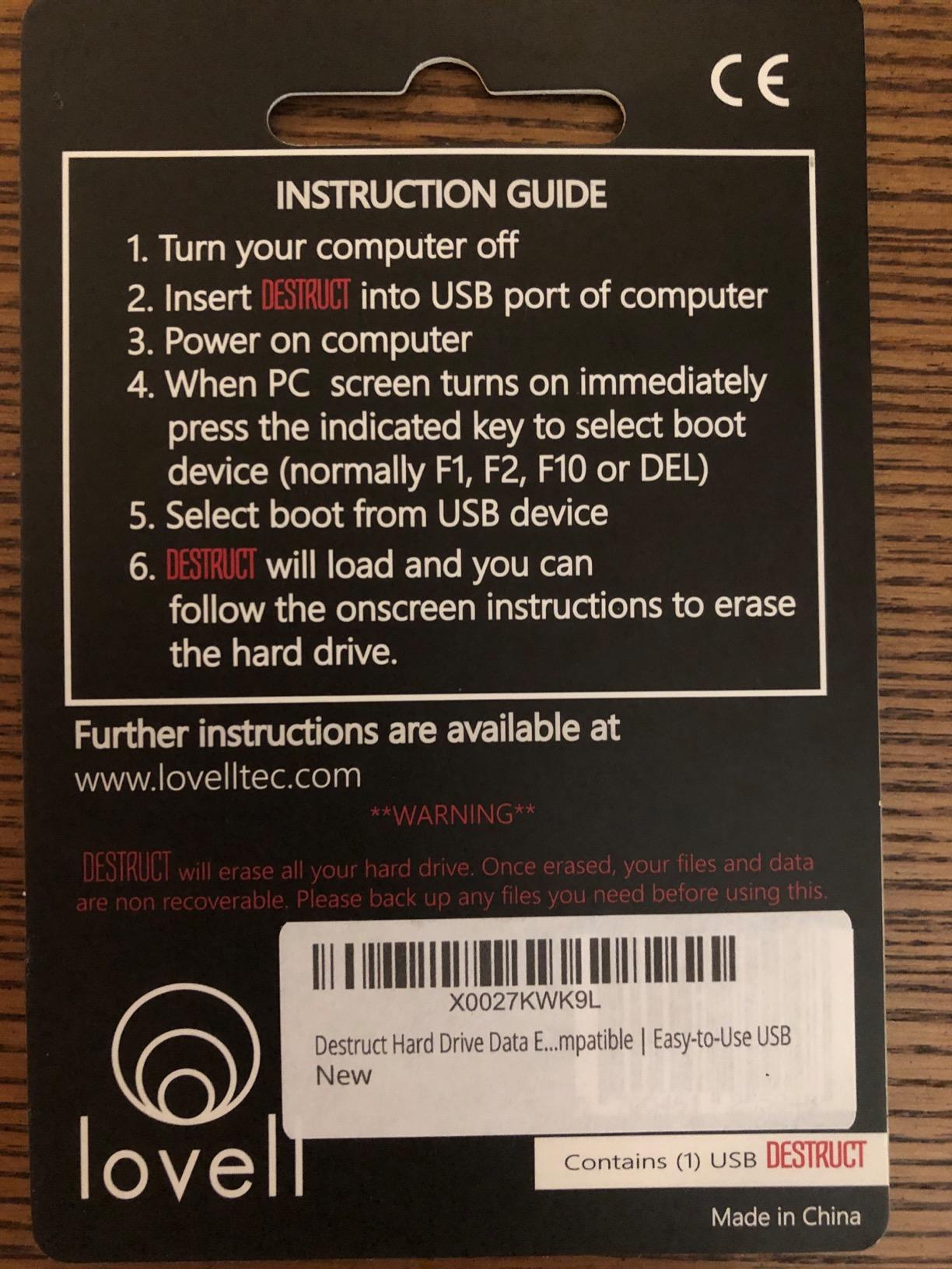 DESTRUCT USB Gadget - Military Grade Hard Drive Wiper - Permanently Erase All Data on PC and Laptops Before Selling customer photo 2
