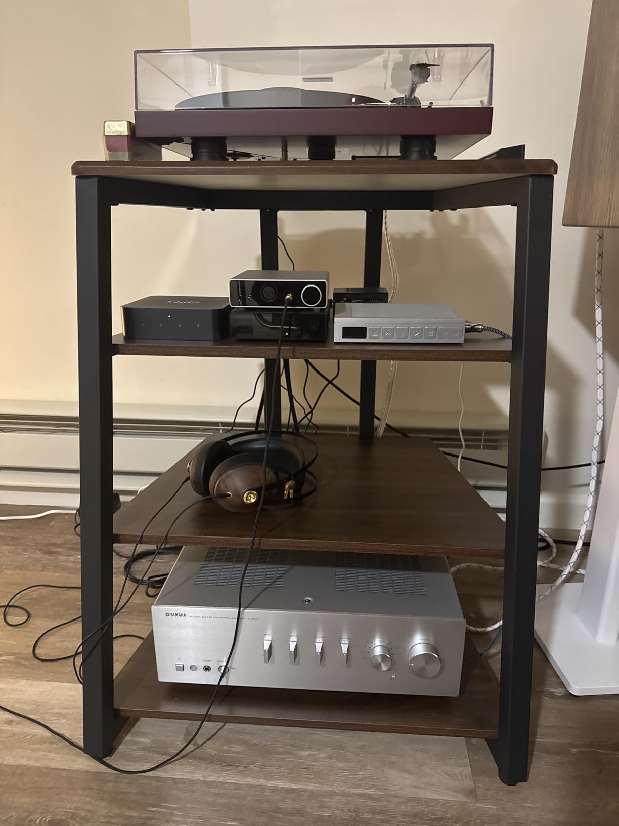 FITUEYES 4-Tier AV Media Stand Corner Shelf for Record Player Wooden Stereo Cabinet Audio Rack Tower with Height Adjustable Wooden Shelves (Walnut) customer photo 1