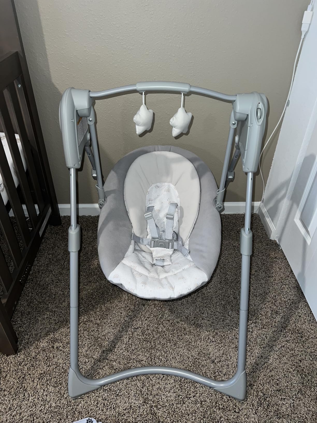 Graco Slim Spaces Compact Baby Swing, Space Saving Portable Bay Swing with Height Adjustable Legs & Soft Toys, Reign customer photo 2