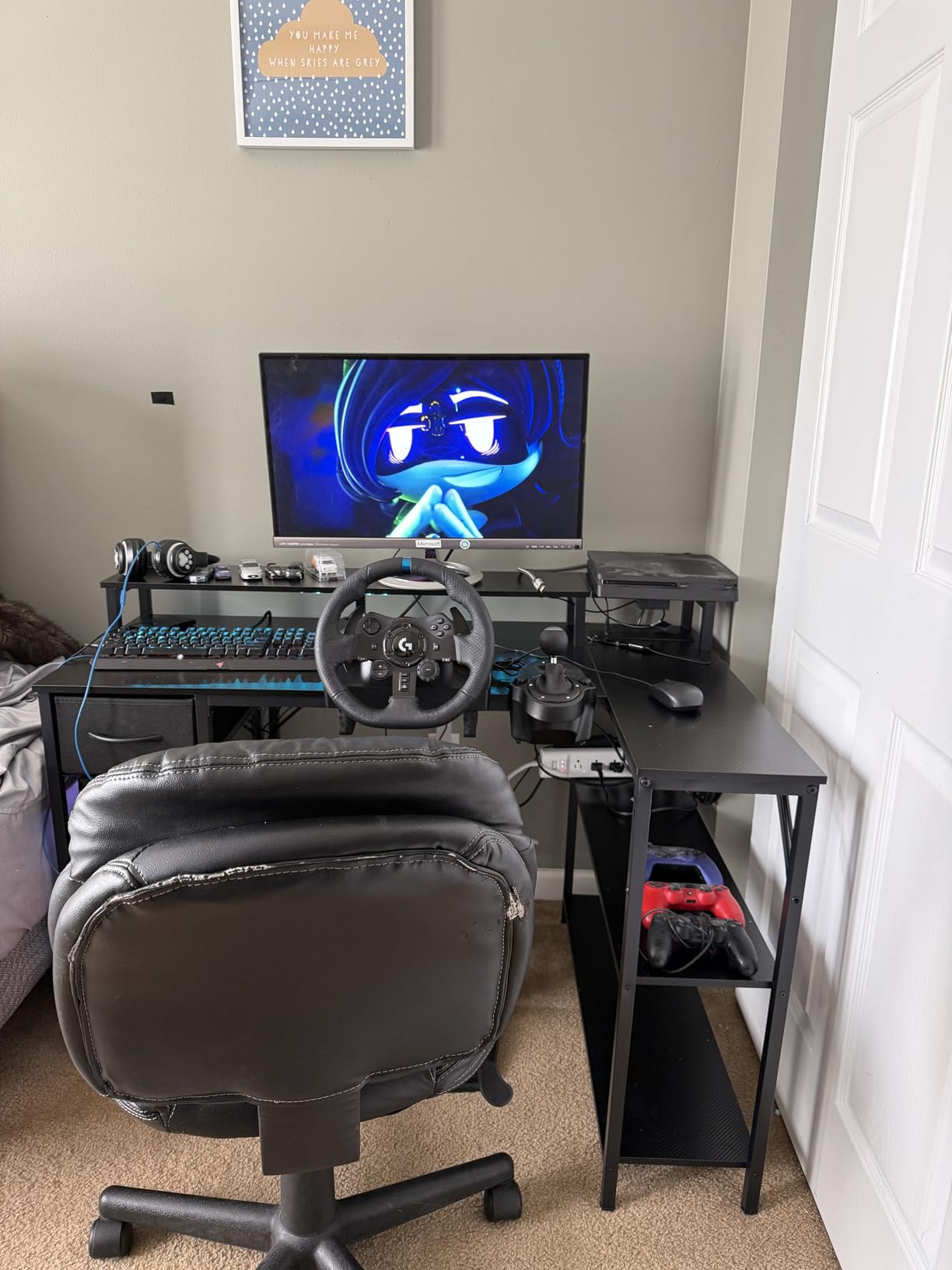 SUPERJARE 47 inch L Shaped Gaming Desk with LED Lights & Power Outlets, Reversible Computer Desk with Shelves & Monitor Stand, Corner Desk with Drawer, Black customer photo 1
