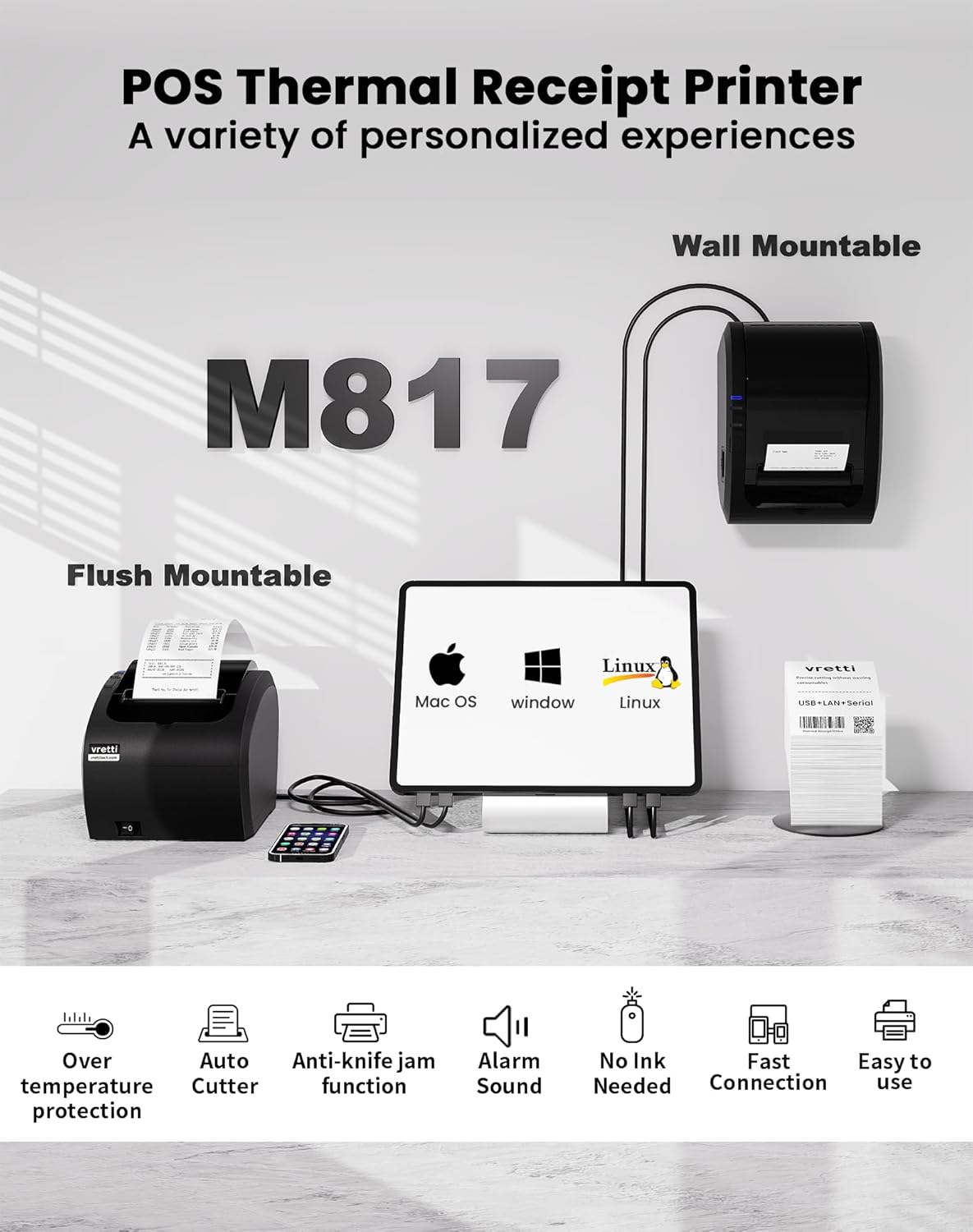Volcora Thermal Receipt Printer, 80mm POS Printer w/Auto Cutter, USB/Ethernet Interface for Windows/MAC/Linux, ESC/POS Command Support Cash Drawer, High Speed Kitchen Printer, Wall Mount (Black) customer photo 2