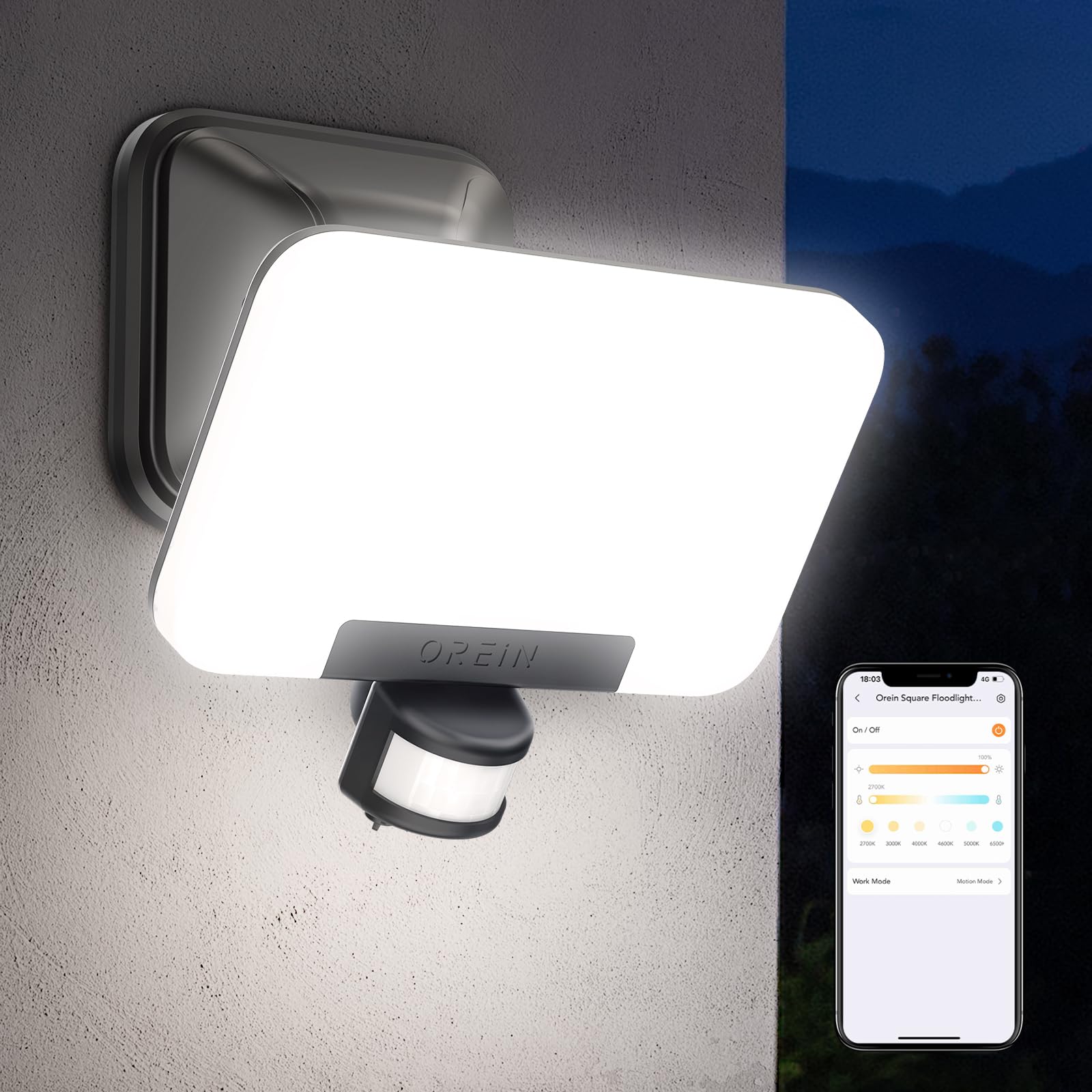 OREiN Smart Flood Lights Outdoor 2700K-6500K CCT Dusk to Dawn LED Security Lights with APP Control, 24W=200W. 1%-100% Brightness, IP65 Waterproof Bluetooth Conncected Floodlight, 1 Pack (Hardwired) customer photo 1