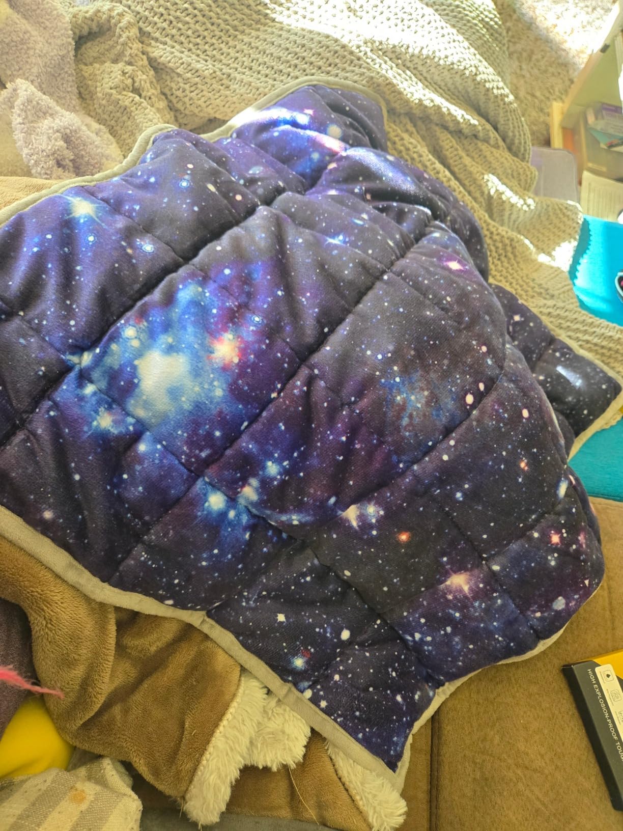 Solfres 5lbs Small Weighted Lap Pad Blanket Throw for Kids Boys Teens 20in x 23in - Sleep Therapy Plush Travel Size with Glass Beads, Blue Pink Galaxy Space Stars customer photo 1