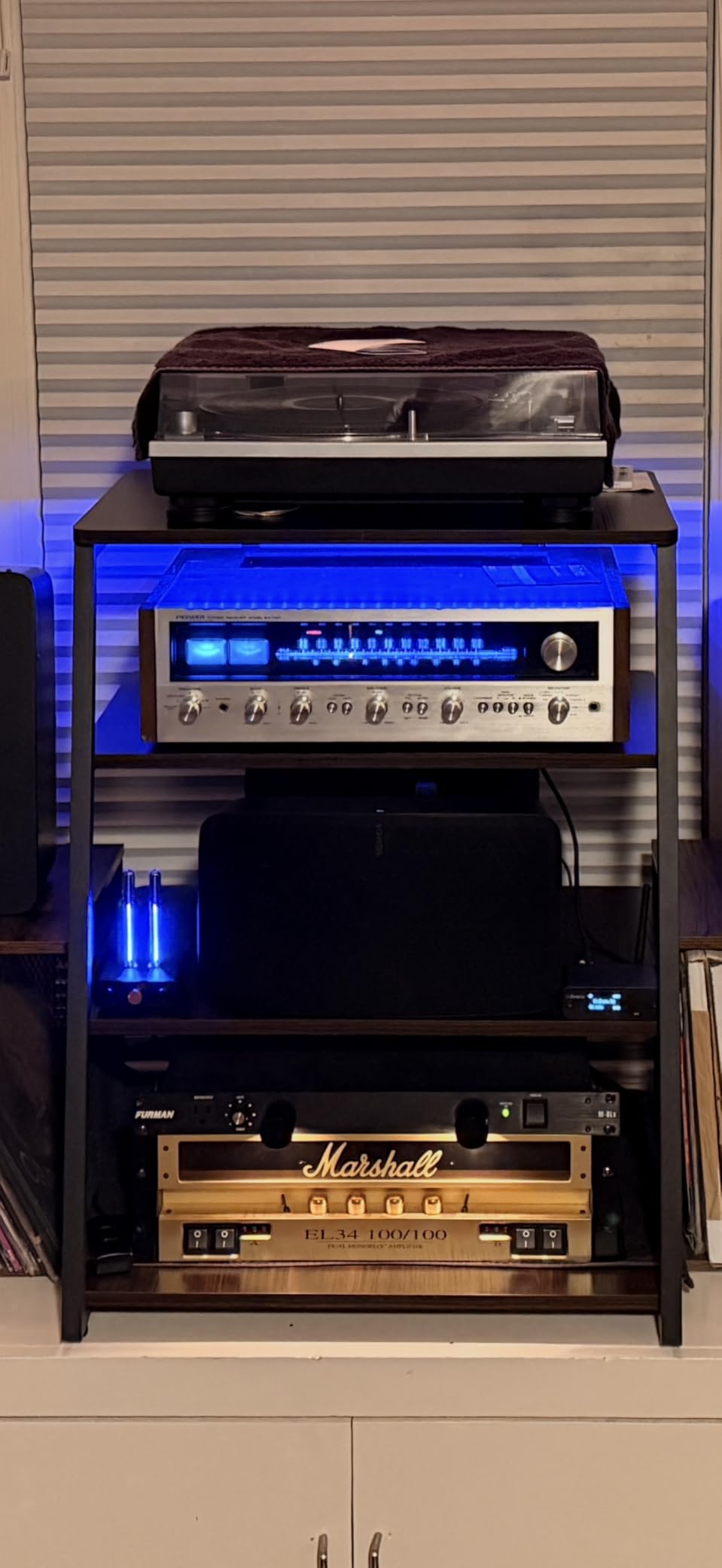 Armocity 4-Tier AV Media Stand with Power Strips, Stereo Stand with LED Lights, Audio Tower Rack with Adjustable Shelves, Small Entertainment Center, 30