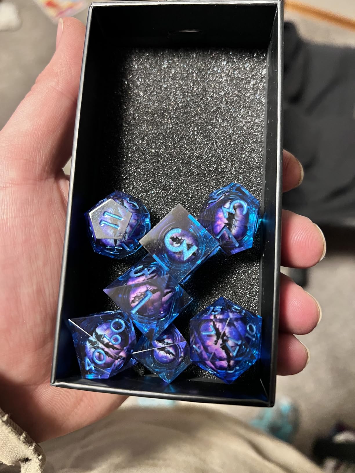 Beholder's Dragon Eye DND Dice Set,Sharp Edge Liquid Core Resin Handmade Cat Eye Dice with Gift Box 7 PCS for Role Playing Dungeons and Dragons Ttrpg(Green Purple Dragon Eye) customer photo 2