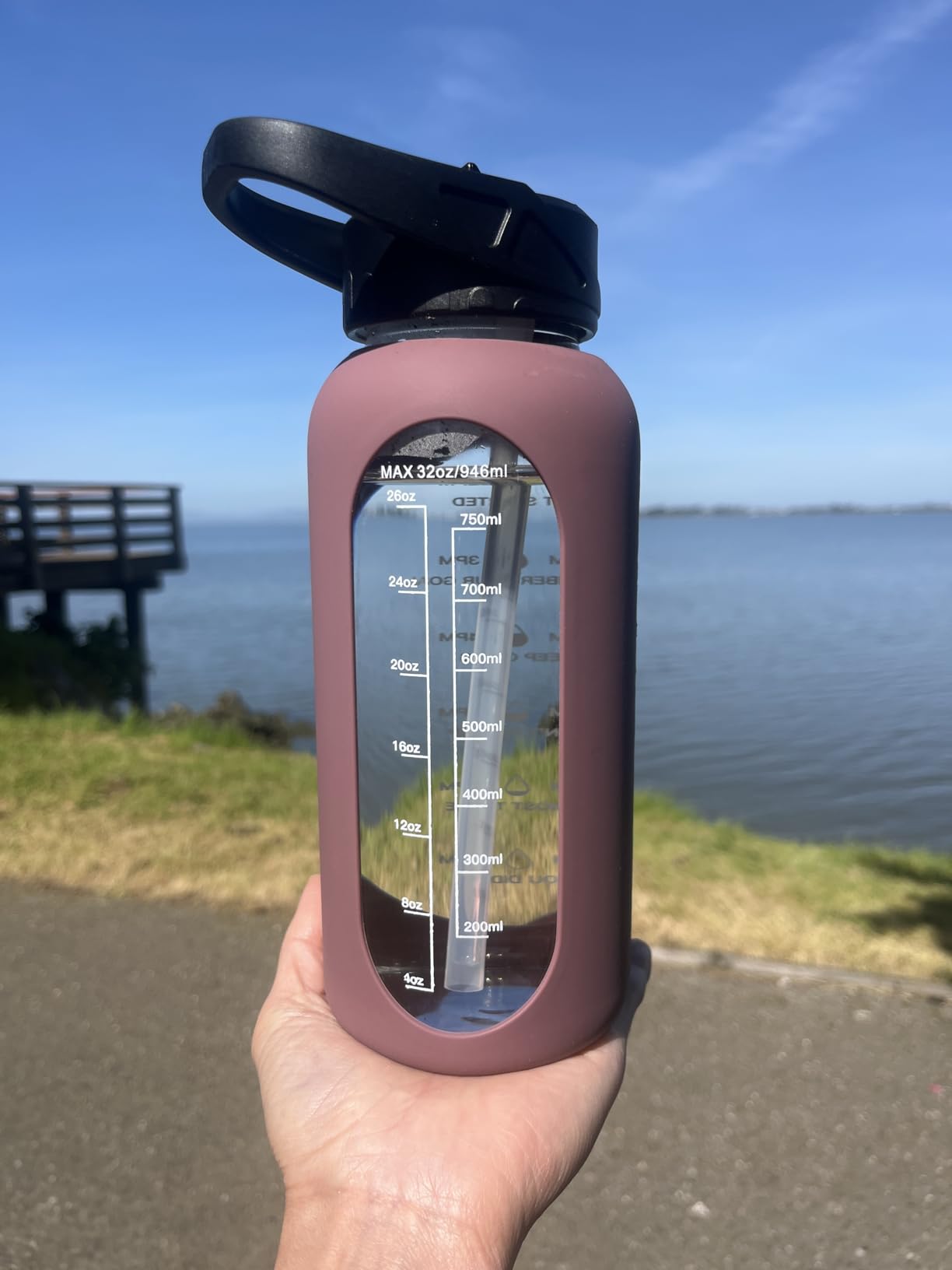 CIVAGO 40 oz Glass Water Bottle with Straw and Handle, Large Sports Motivational Water Bottle Flask with Time Marker and 2 Lids, Leakproof Water Jug Canteen with Silicone Sleeve for Gym,Black customer photo 1